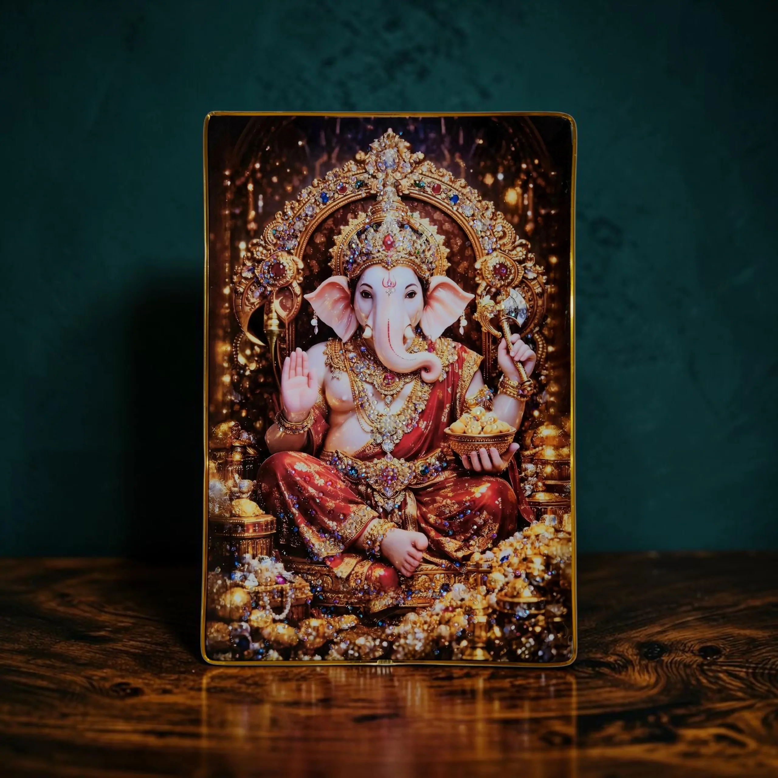 Lord Ganesha Wall Painting with Crystal Stones High Gloss Surface Embedded on Gold Slim Frame Embossed, Wall Hanging Photos Home Décor Wall Art For Living Room, Bedroom, Drawing room  | Size 12 inch x 18 inch - Image 6