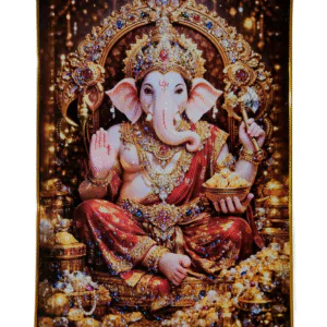 Lord Ganesha Wall Painting with Crystal Stones High Gloss Surface Embedded on Gold Slim Frame Embossed, Wall Hanging Photos Home Décor Wall Art For Living Room, Bedroom, Drawing room  | Size 12 inch x 18 inch