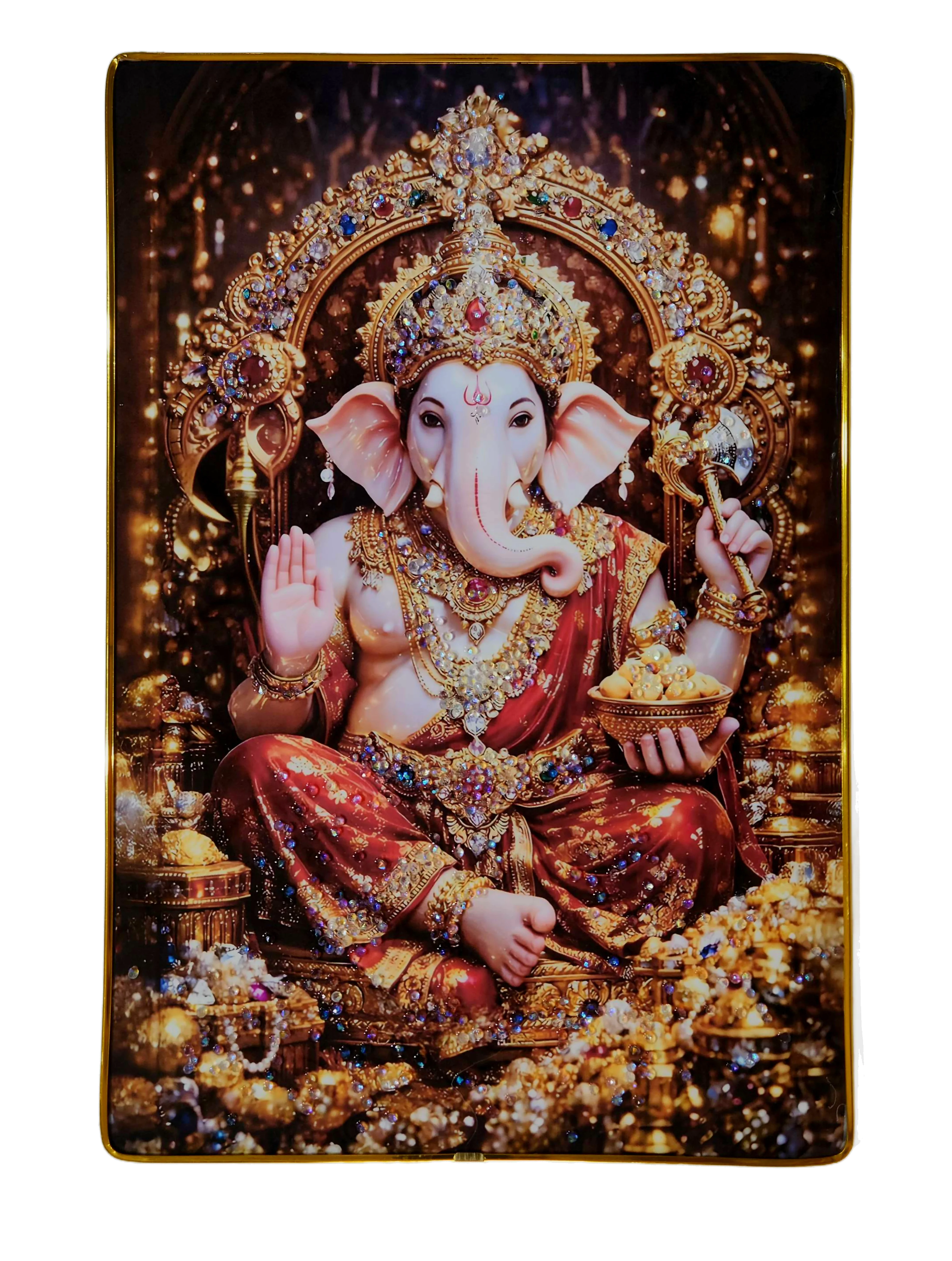 Lord Ganesha Wall Painting with Crystal Stones High Gloss Surface Embedded on Gold Slim Frame Embossed, Wall Hanging Photos Home Décor Wall Art For Living Room, Bedroom, Drawing room | Size 12 inch x 18 inch