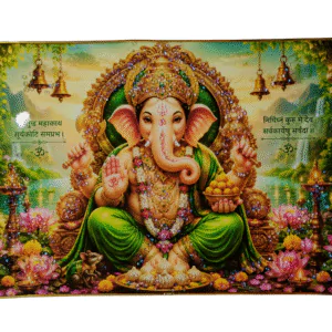 Lord Ganesha Wall Painting with Crystal Stones High Gloss Surface Embedded on Gold Slim Frame Embossed, Wall Hanging Photos Home Décor Wall Art For Living Room, Bedroom, Drawing room  | Size 12 inch x 18 inch