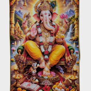 Lord Ganesha Wall Painting with Crystal Stones High Gloss Surface Embedded on Gold Slim Frame Embossed, Wall Hanging Photos Home Décor Wall Art For Living Room, Bedroom, Drawing room  | Size 12 inch x 18 inch