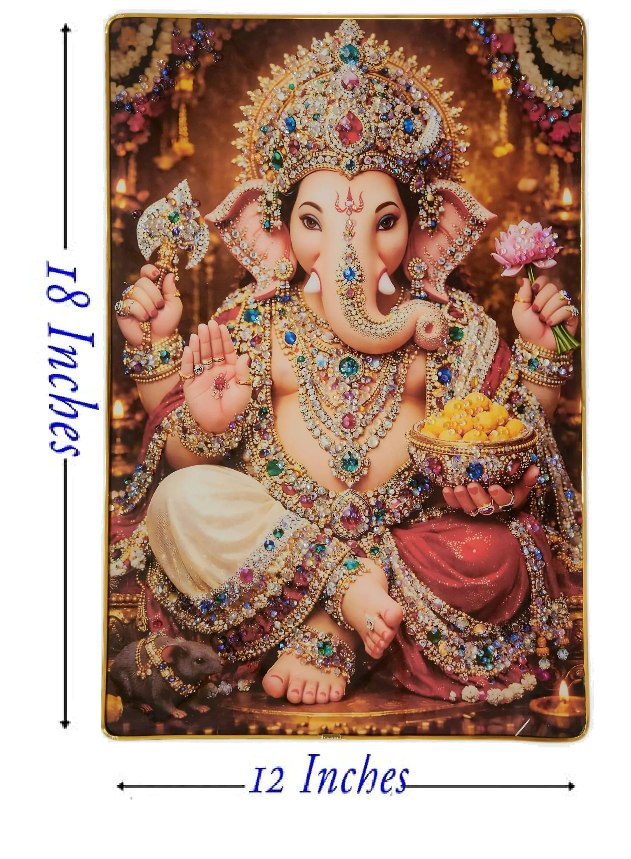 Lord Ganesha Wall Painting with Crystal Stones High Gloss Surface Embedded on Gold Slim Frame Embossed, Wall Hanging Photos Home Décor Wall Art For Living Room, Bedroom, Drawing room  | Size 12 inch x 18 inch - Image 6