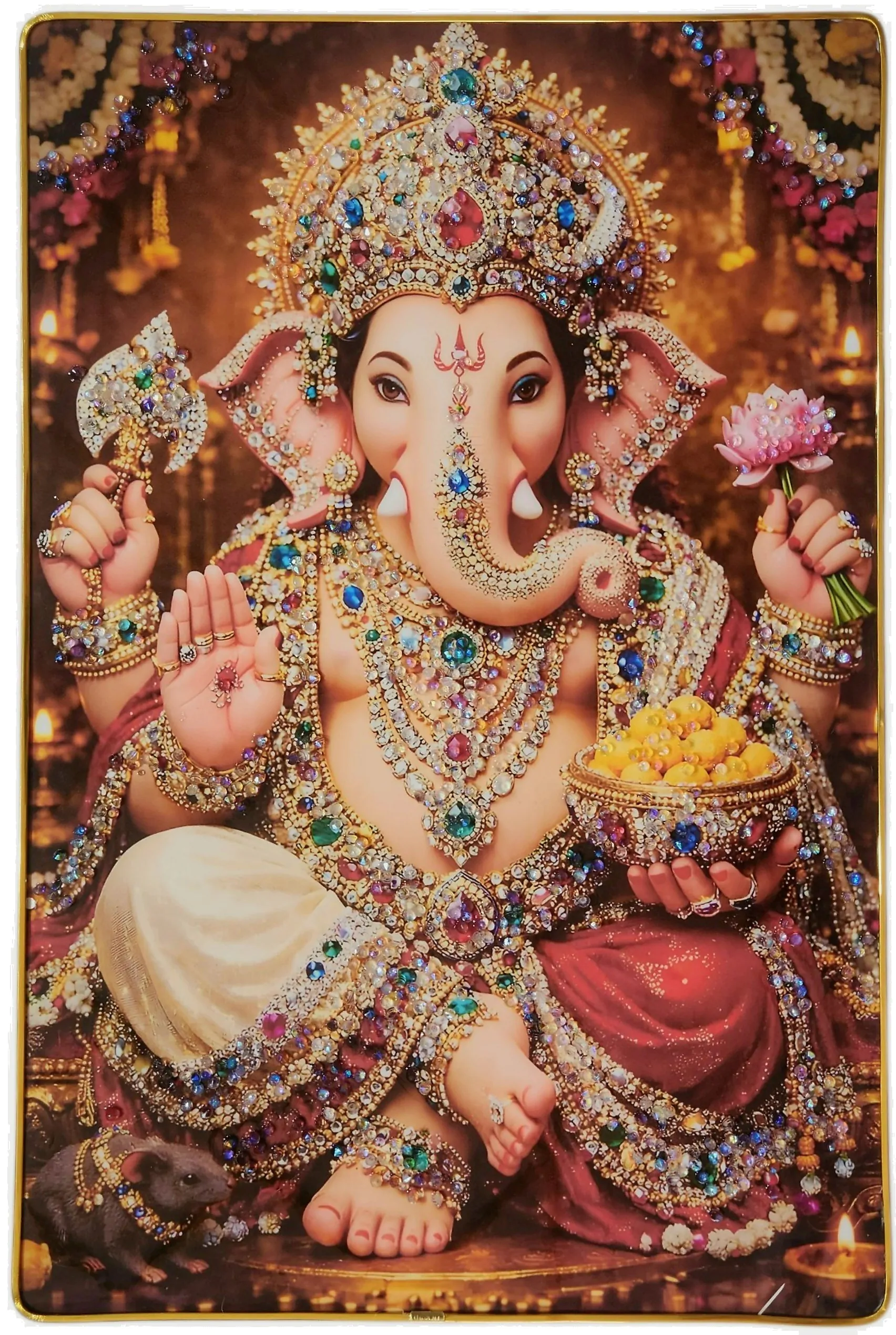 Lord Ganesha Wall Painting with Crystal Stones High Gloss Surface Embedded on Gold Slim Frame Embossed, Wall Hanging Photos Home Décor Wall Art For Living Room, Bedroom, Drawing room  | Size 12 inch x 18 inch - Image 5