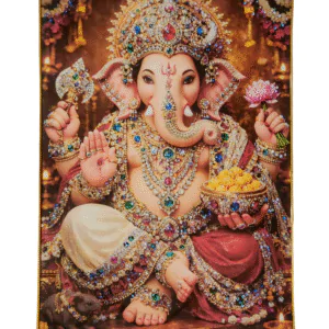Lord Ganesha Wall Painting with Crystal Stones High Gloss Surface Embedded on Gold Slim Frame Embossed, Wall Hanging Photos Home Décor Wall Art For Living Room, Bedroom, Drawing room  | Size 12 inch x 18 inch