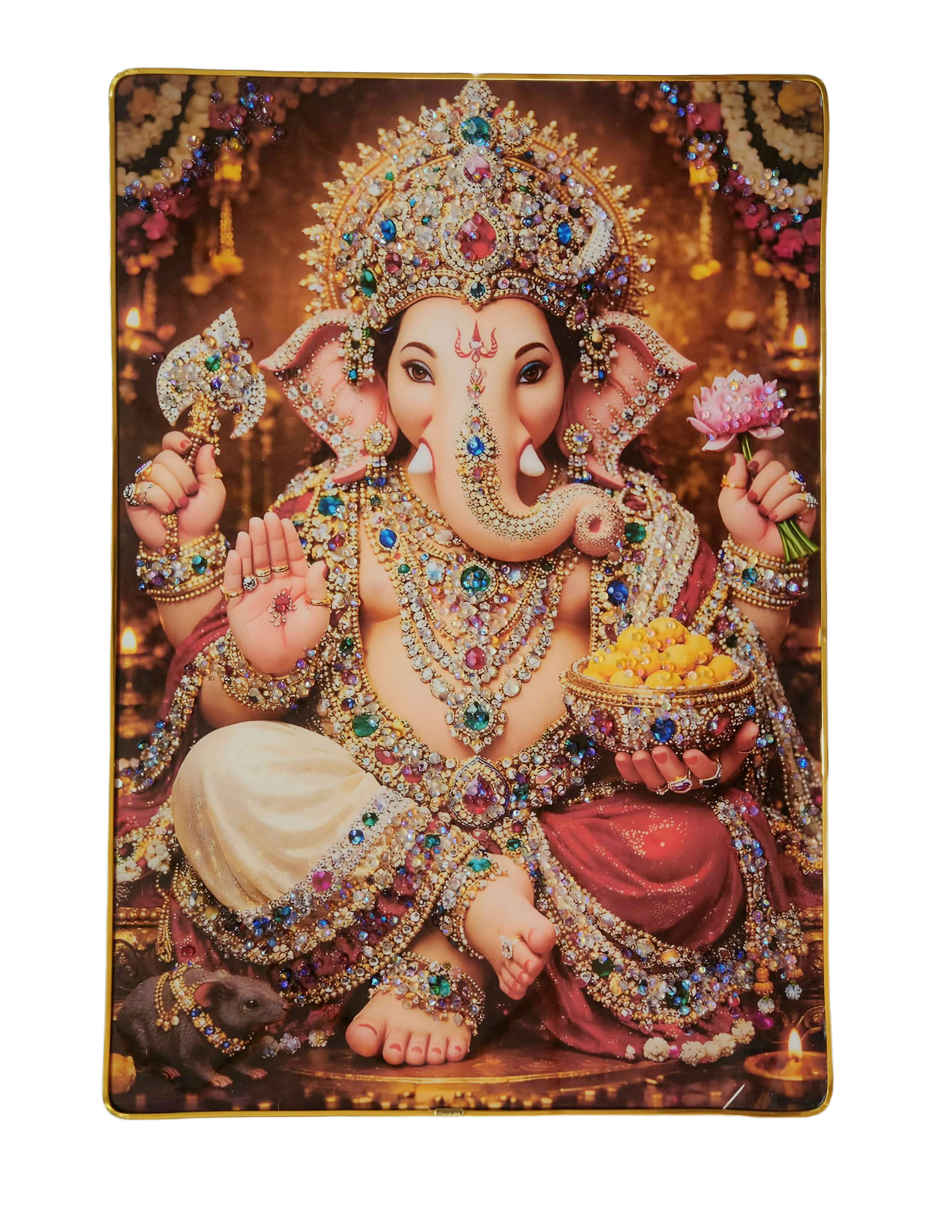 Lord Ganesha Wall Painting with Crystal Stones High Gloss Surface Embedded on Gold Slim Frame Embossed, Wall Hanging Photos Home Décor Wall Art For Living Room, Bedroom, Drawing room  | Size 12 inch x 18 inch