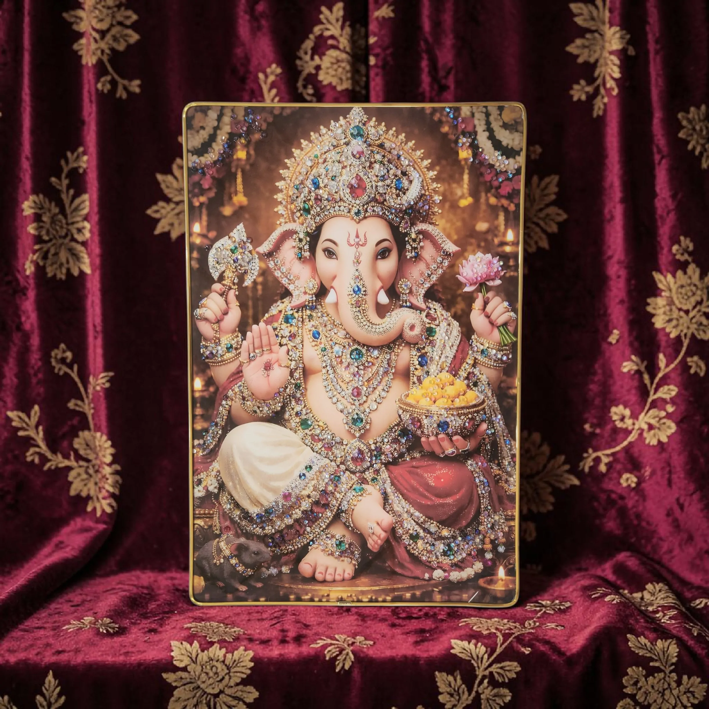 Lord Ganesha Wall Painting with Crystal Stones High Gloss Surface Embedded on Gold Slim Frame Embossed, Wall Hanging Photos Home Décor Wall Art For Living Room, Bedroom, Drawing room  | Size 12 inch x 18 inch - Image 4