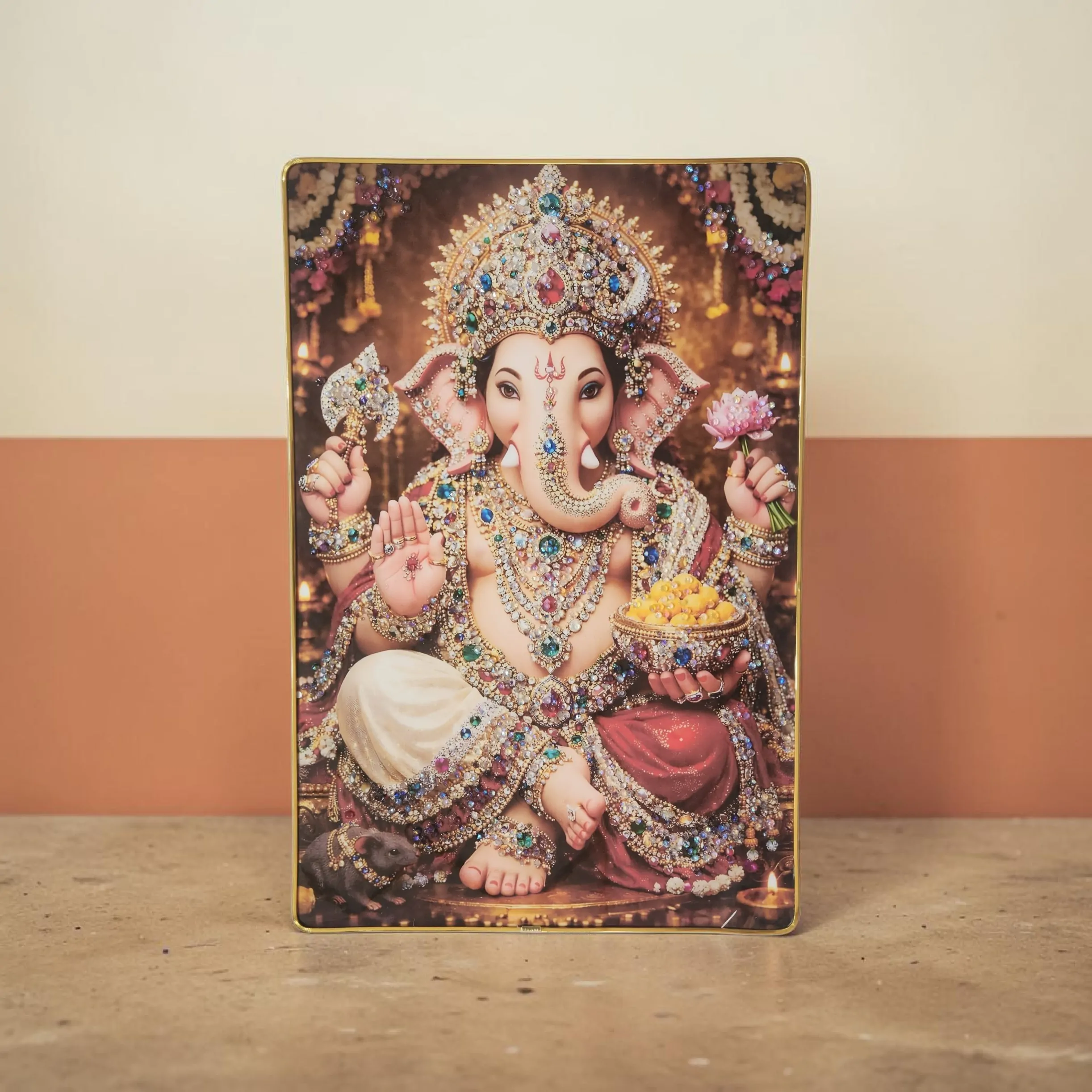 Lord Ganesha Wall Painting with Crystal Stones High Gloss Surface Embedded on Gold Slim Frame Embossed, Wall Hanging Photos Home Décor Wall Art For Living Room, Bedroom, Drawing room  | Size 12 inch x 18 inch - Image 3