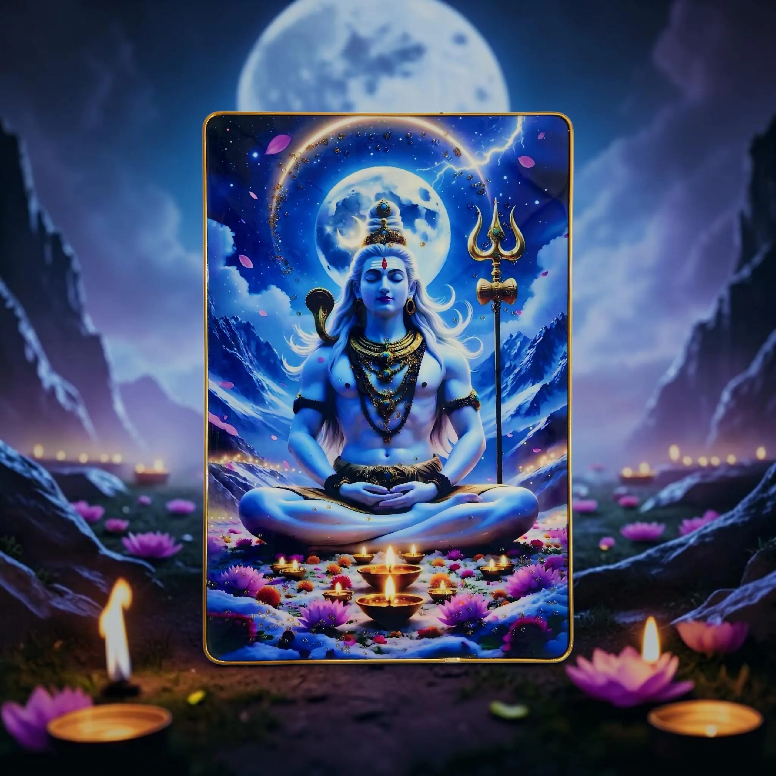 Premium Lord Shiva Mahadev Crystal Wall Painting with Epoxy Gloss Finish & Gold Slim Frame | Embossed HD Wall Art for Living Room, Bedroom & Pooja Room | 12 x 18 Inch - Image 5