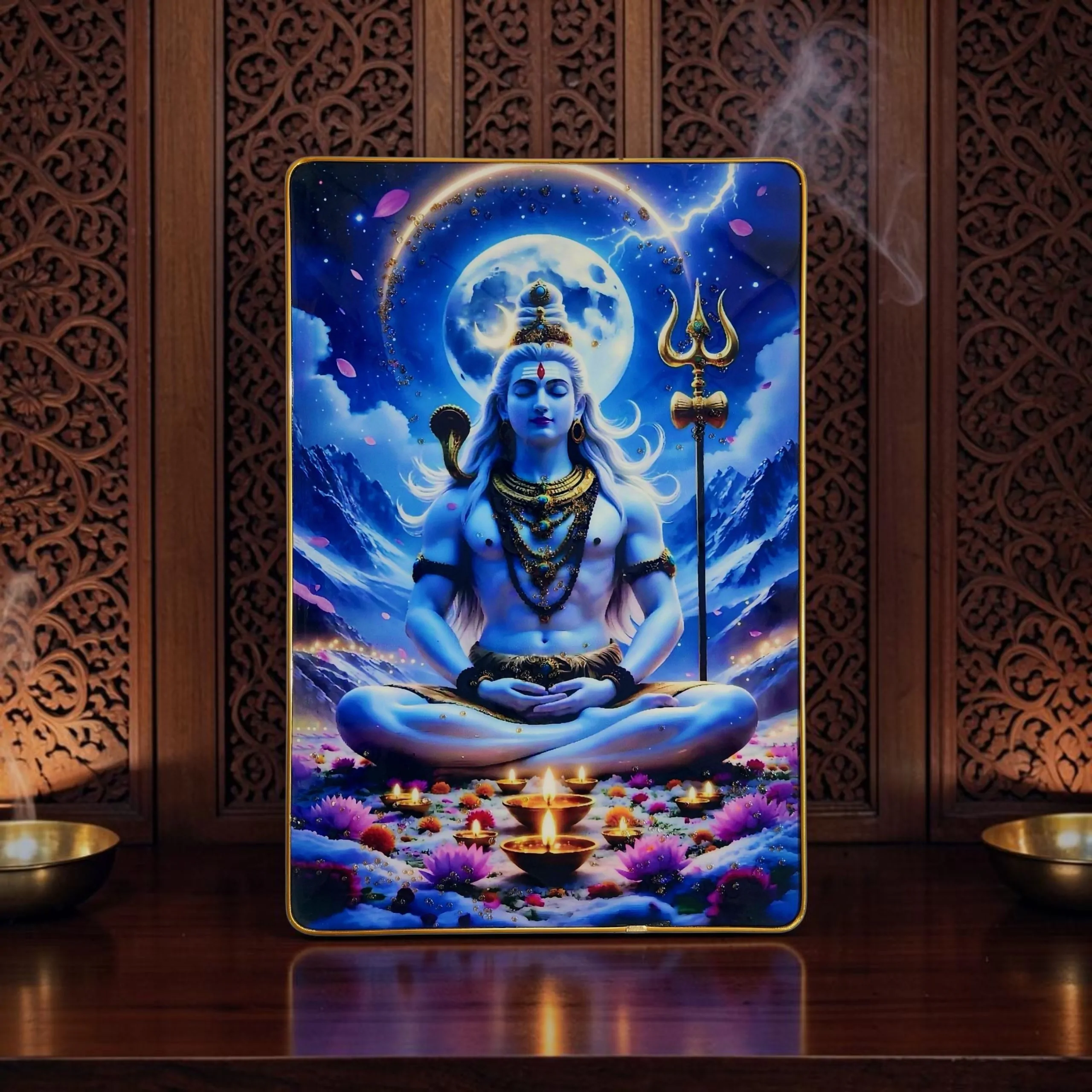 Premium Lord Shiva Mahadev Crystal Wall Painting with Epoxy Gloss Finish & Gold Slim Frame | Embossed HD Wall Art for Living Room, Bedroom & Pooja Room | 12 x 18 Inch - Image 4