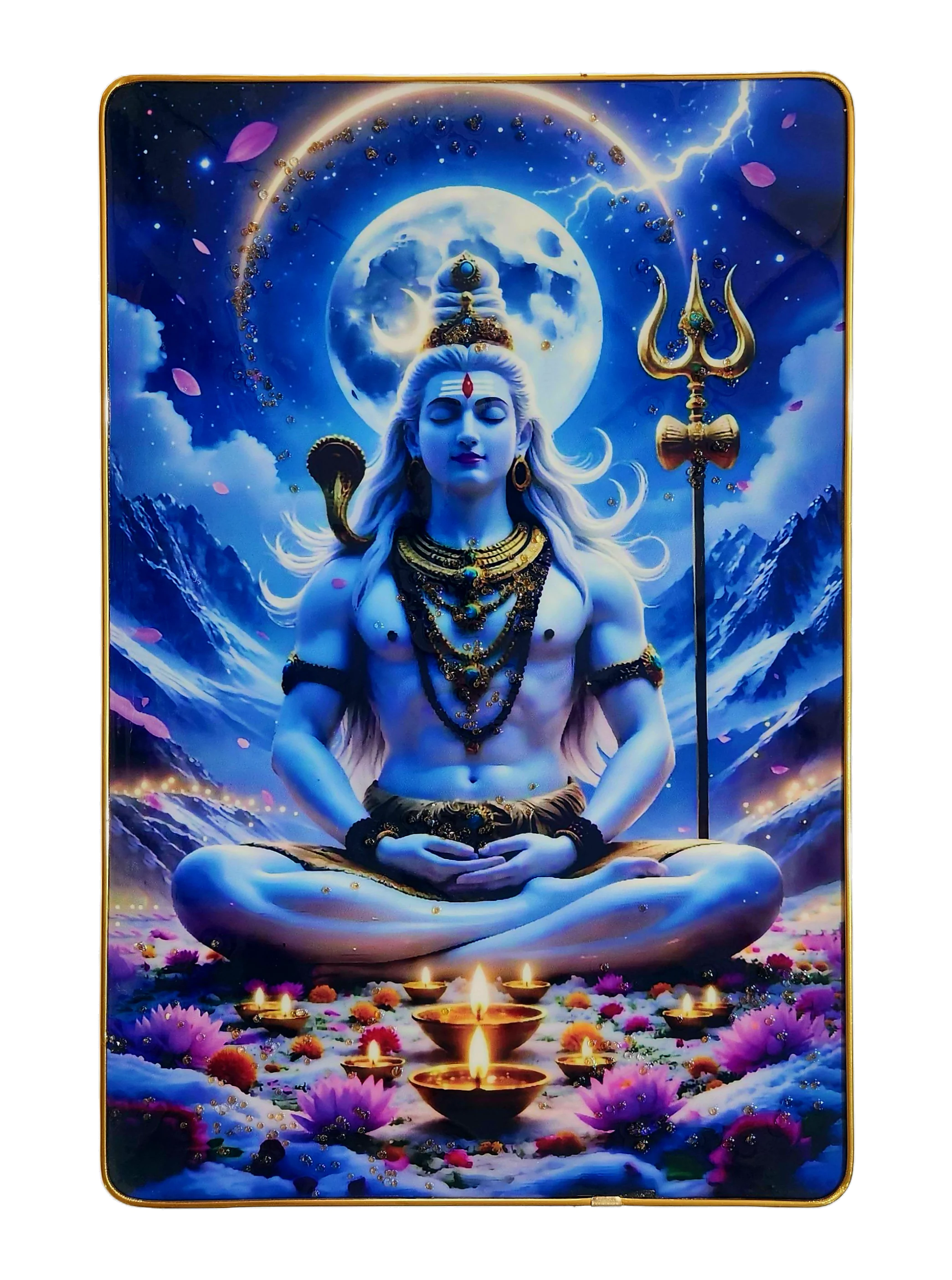 Premium Lord Shiva Mahadev Crystal Wall Painting with Epoxy Gloss Finish & Gold Slim Frame | Embossed HD Wall Art for Living Room, Bedroom & Pooja Room | 12 x 18 Inch
