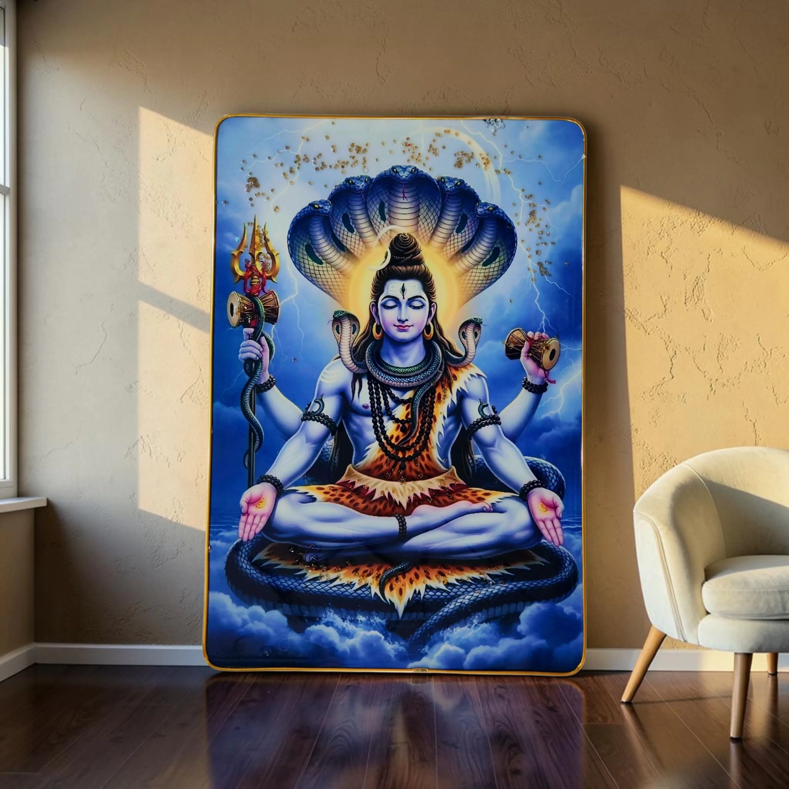 Premium Lord Shiva Mahadev Crystal Wall Painting with Epoxy Gloss Finish & Gold Slim Frame | Embossed HD Wall Art for Living Room, Bedroom & Pooja Room | 12 x 18 Inch - Image 5