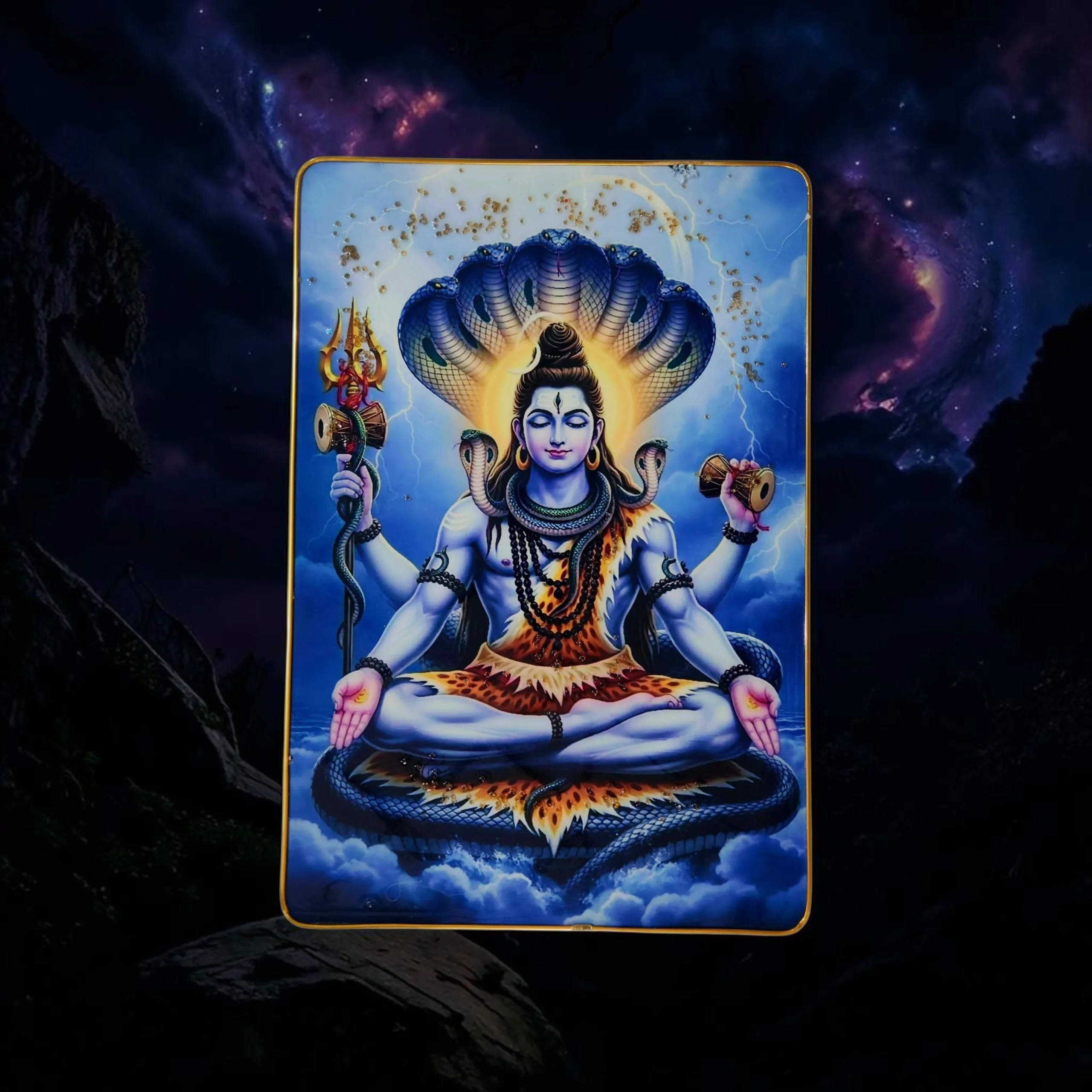 Premium Lord Shiva Mahadev Crystal Wall Painting with Epoxy Gloss Finish & Gold Slim Frame | Embossed HD Wall Art for Living Room, Bedroom & Pooja Room | 12 x 18 Inch - Image 3