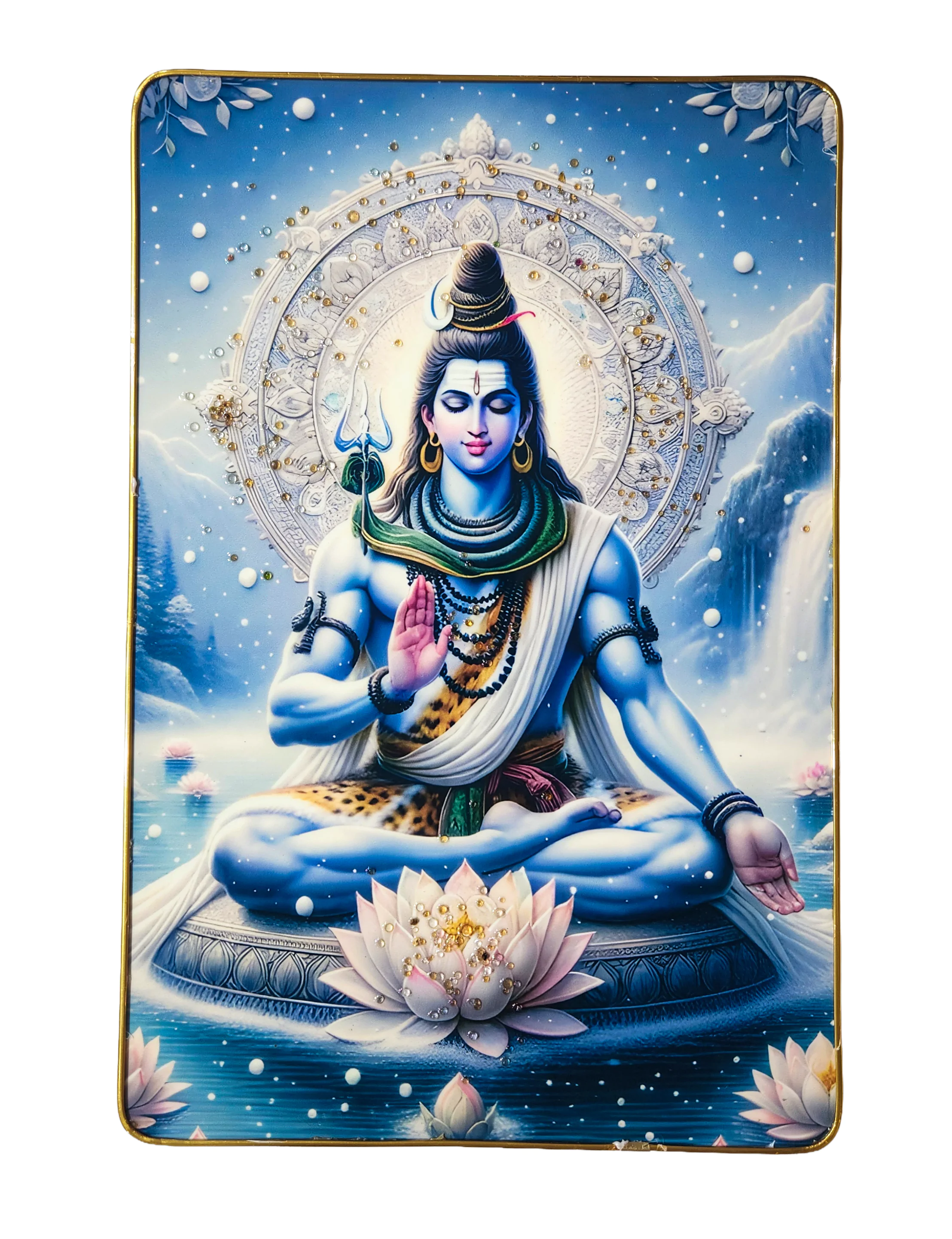 Premium Lord Shiva Mahadev Crystal Wall Painting with Epoxy Gloss Finish & Gold Slim Frame | Embossed HD Wall Art for Living Room, Bedroom & Pooja Room | 12 x 18 Inch