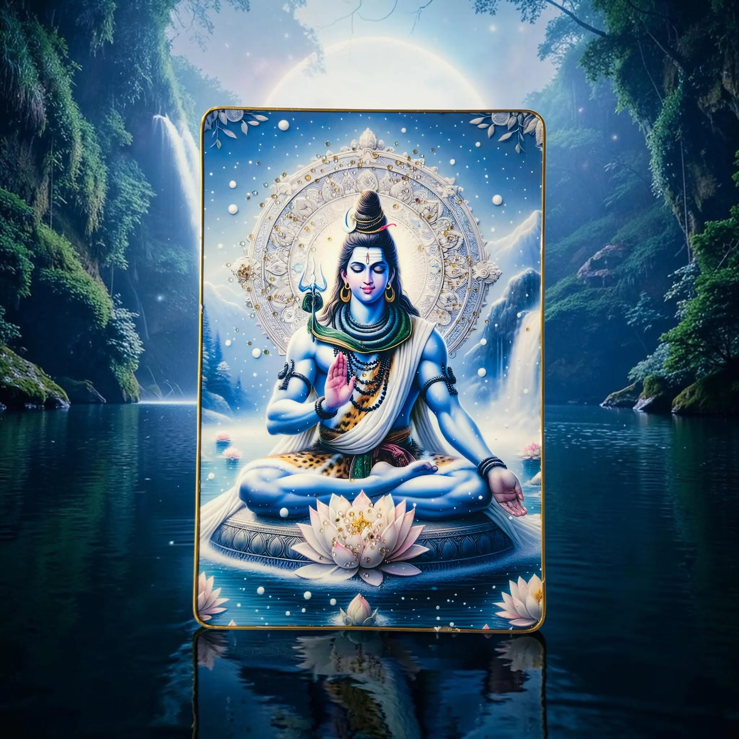 Premium Lord Shiva Mahadev Crystal Wall Painting with Epoxy Gloss Finish & Gold Slim Frame | Embossed HD Wall Art for Living Room, Bedroom & Pooja Room | 12 x 18 Inch - Image 6