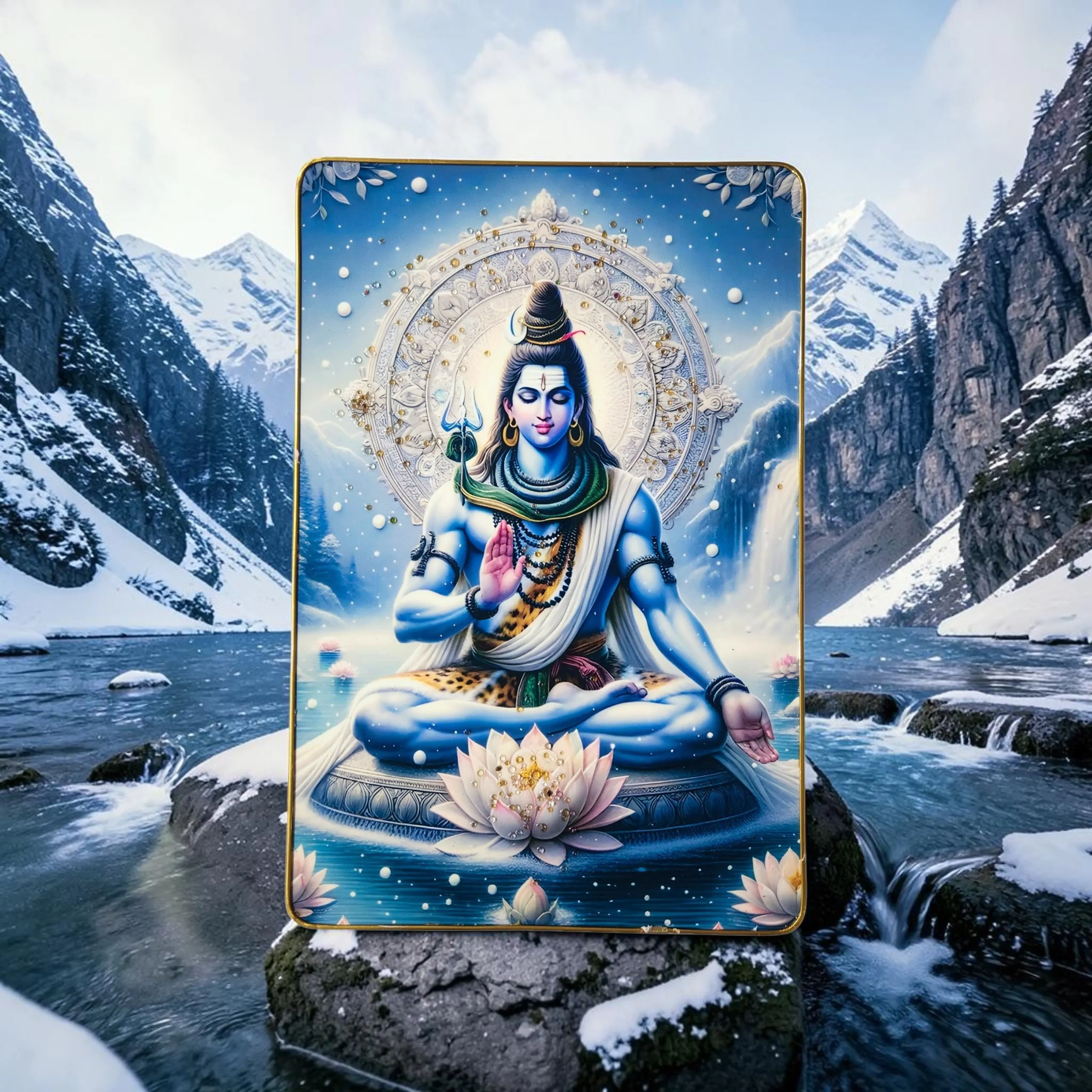 Premium Lord Shiva Mahadev Crystal Wall Painting with Epoxy Gloss Finish & Gold Slim Frame | Embossed HD Wall Art for Living Room, Bedroom & Pooja Room | 12 x 18 Inch - Image 4