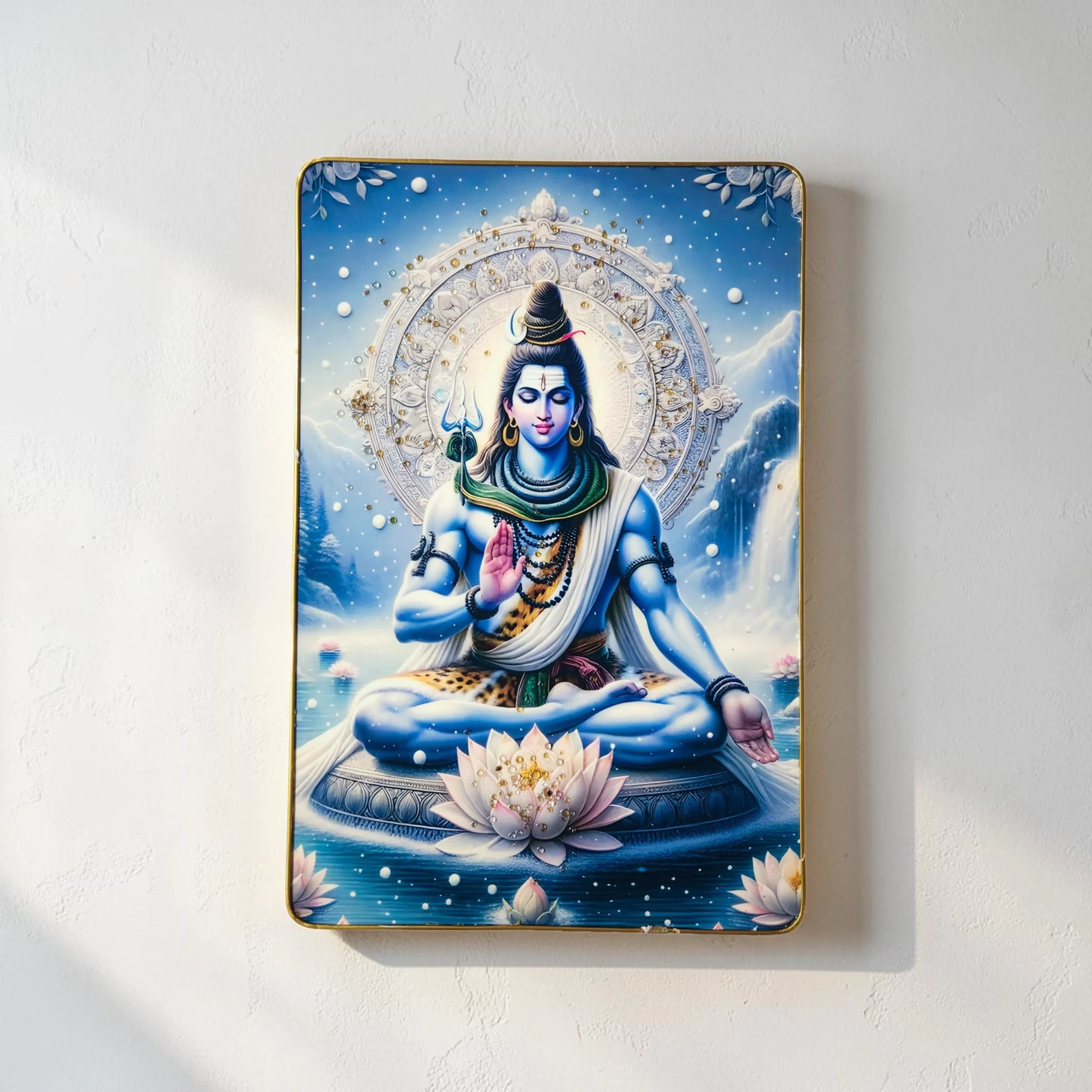 Premium Lord Shiva Mahadev Crystal Wall Painting with Epoxy Gloss Finish & Gold Slim Frame | Embossed HD Wall Art for Living Room, Bedroom & Pooja Room | 12 x 18 Inch - Image 3