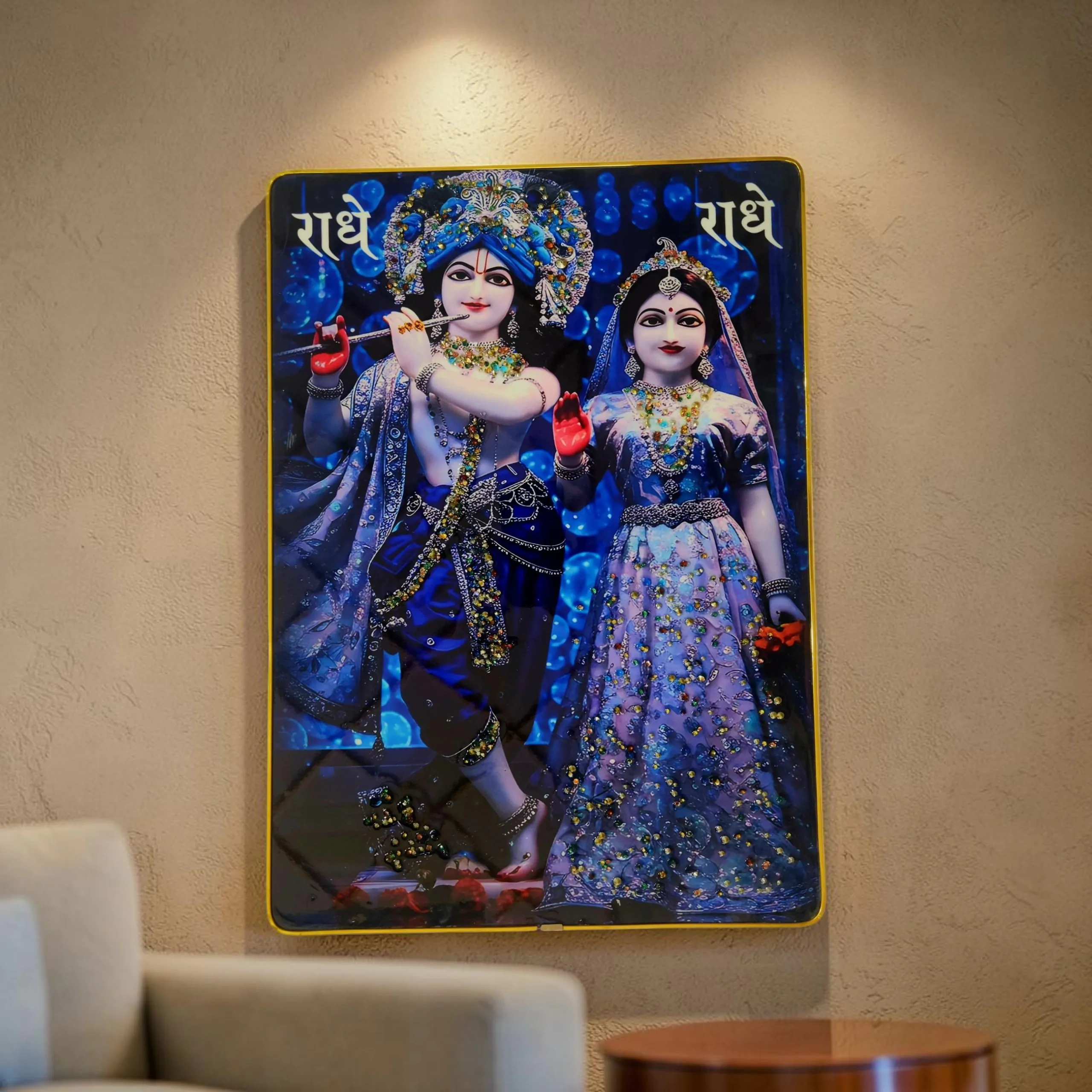 Premium Radha Krishna Crystal Wall Painting with Epoxy Gloss Finish & Gold Slim Frame | Embossed HD Wall Art for Living Room, Bedroom & Home Décor | 12 x 18 Inch (Blue - Purple Dress) - Image 4