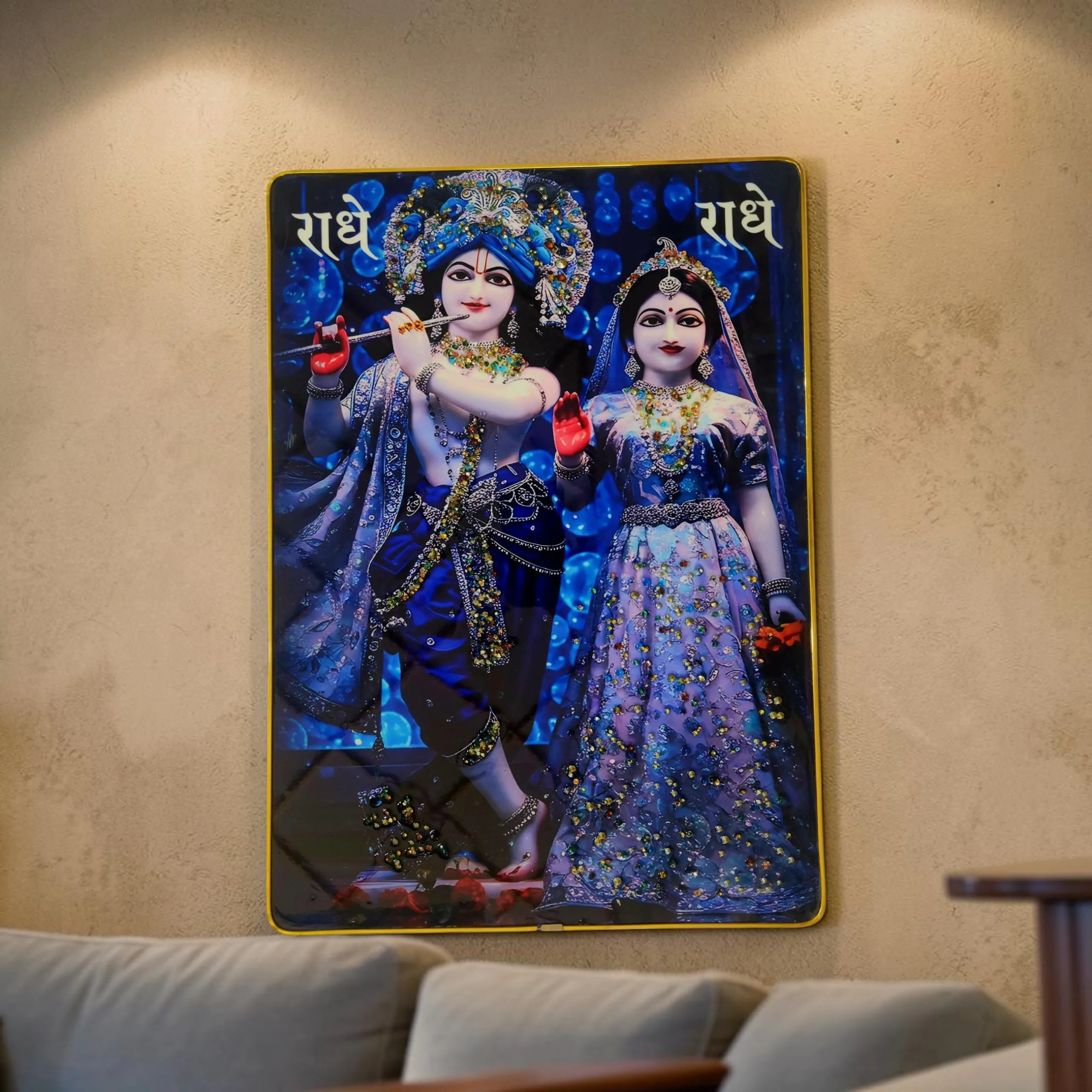 Premium Radha Krishna Crystal Wall Painting with Epoxy Gloss Finish & Gold Slim Frame | Embossed HD Wall Art for Living Room, Bedroom & Home Décor | 12 x 18 Inch (Blue - Purple Dress) - Image 3
