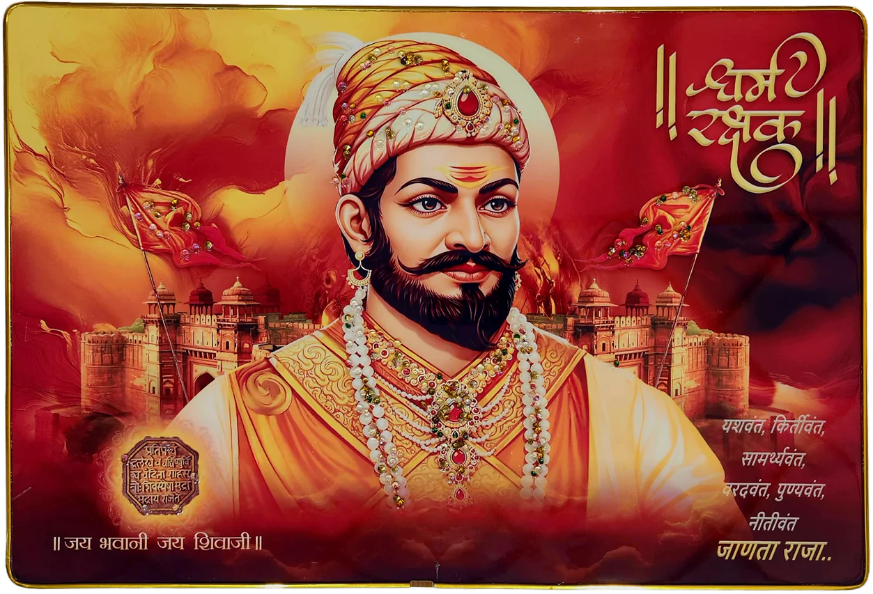 Chhatrapati Shivaji Maharaj Premium Crystal Wall Painting with Epoxy Gloss Finish & Gold Slim Frame | Embossed HD Wall Art for Living Room, Office & Home Décor | 18 x 12 Inch