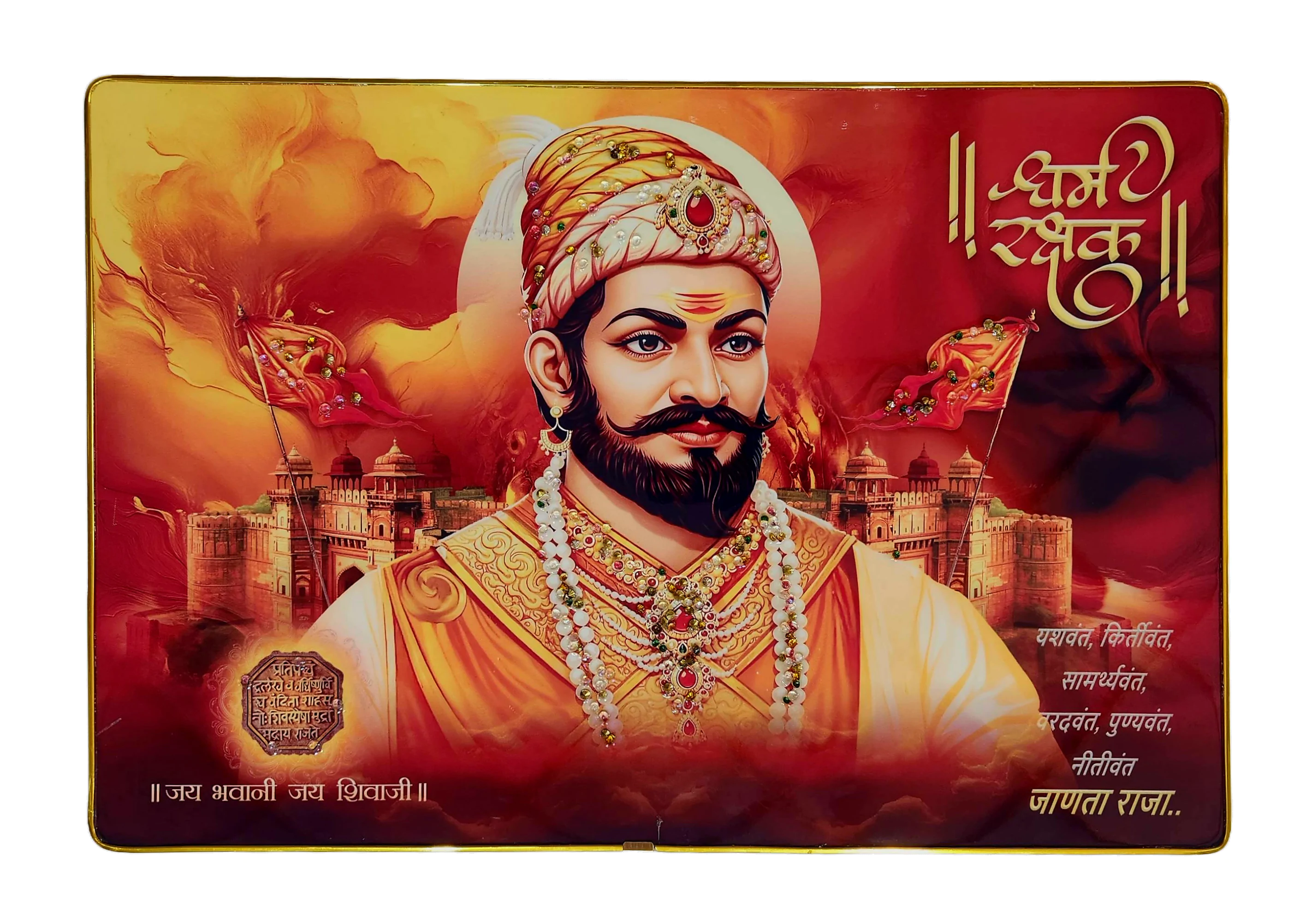 Chhatrapati Shivaji Maharaj Premium Crystal Wall Painting with Epoxy Gloss Finish & Gold Slim Frame | Embossed HD Wall Art for Living Room, Office & Home Décor | 18 x 12 Inch - Image 2