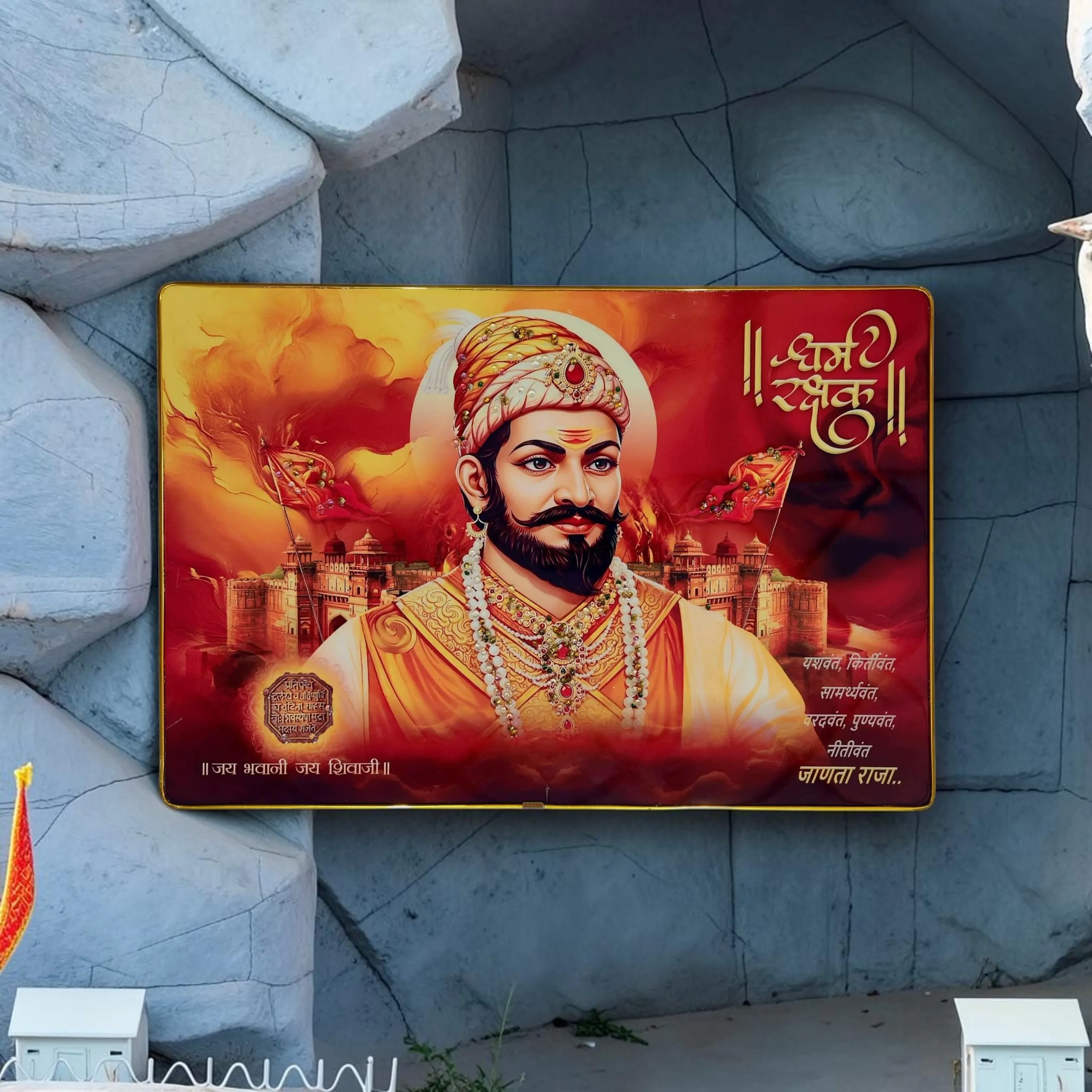 Chhatrapati Shivaji Maharaj Premium Crystal Wall Painting with Epoxy Gloss Finish & Gold Slim Frame | Embossed HD Wall Art for Living Room, Office & Home Décor | 18 x 12 Inch - Image 5