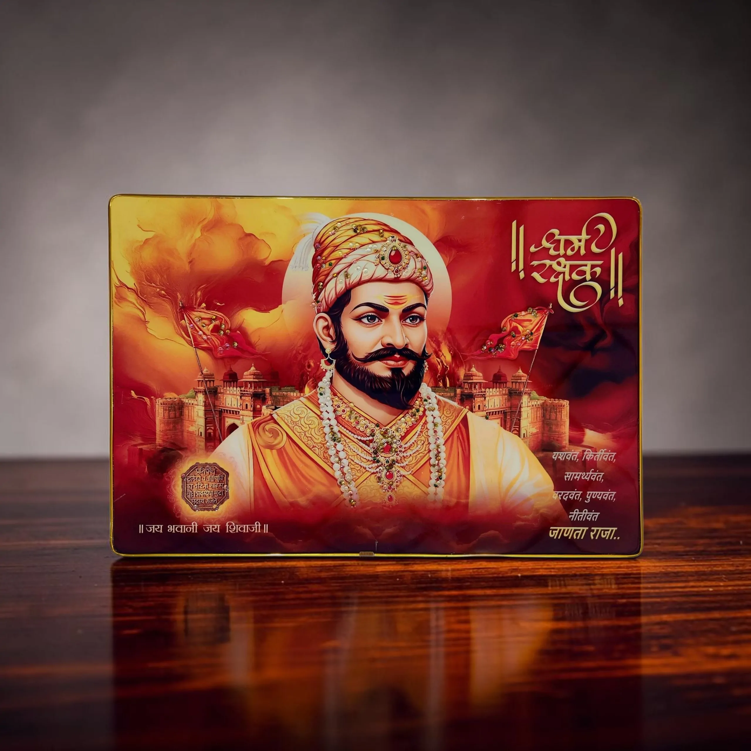 Chhatrapati Shivaji Maharaj Premium Crystal Wall Painting with Epoxy Gloss Finish & Gold Slim Frame | Embossed HD Wall Art for Living Room, Office & Home Décor | 18 x 12 Inch - Image 4