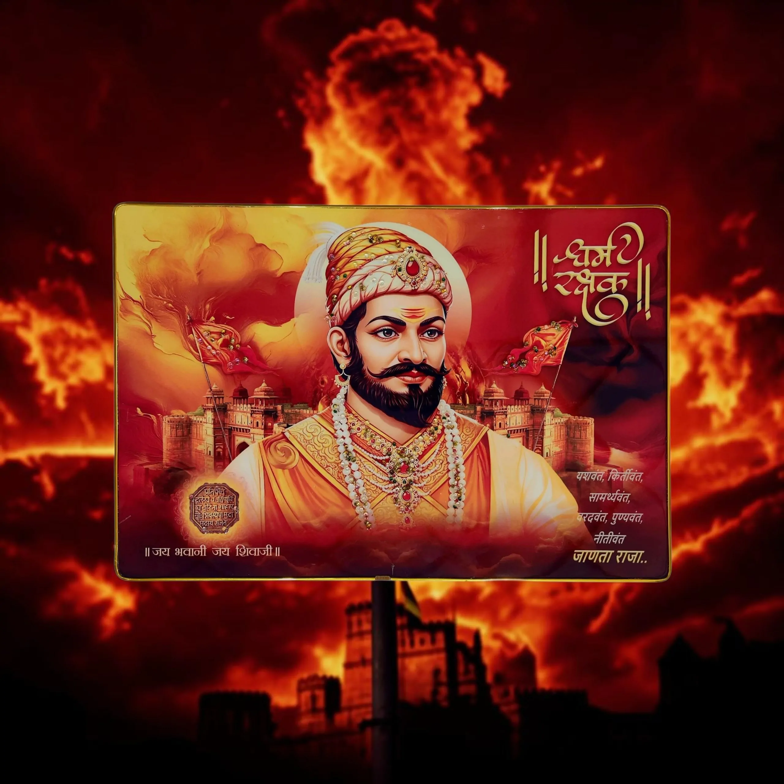Chhatrapati Shivaji Maharaj Premium Crystal Wall Painting with Epoxy Gloss Finish & Gold Slim Frame | Embossed HD Wall Art for Living Room, Office & Home Décor | 18 x 12 Inch - Image 3