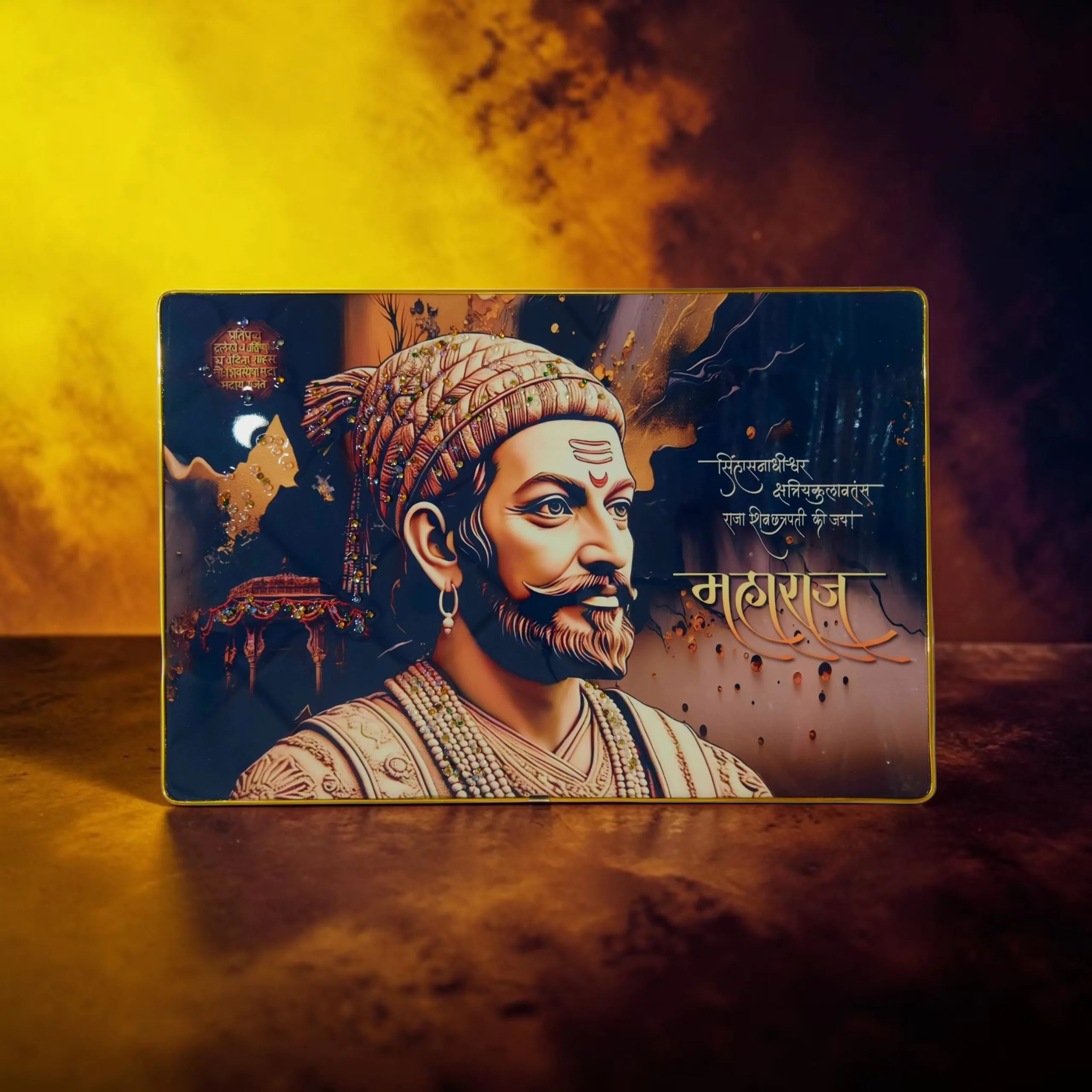 Chhatrapati Shivaji Maharaj Premium Crystal Wall Painting with Epoxy Gloss Finish & Gold Slim Frame | Embossed HD Wall Art for Living Room, Office & Home Décor | 18 x 12 Inch - Image 4
