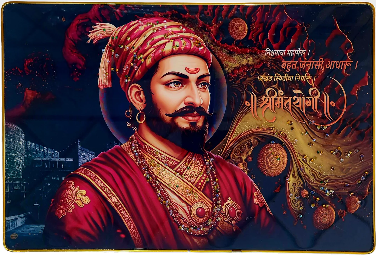 Chhatrapati Shivaji Maharaj Premium Crystal Wall Painting with Epoxy Gloss Finish & Gold Slim Frame | Embossed HD Wall Art for Living Room, Office & Home Décor | 18 x 12 Inch - Image 4