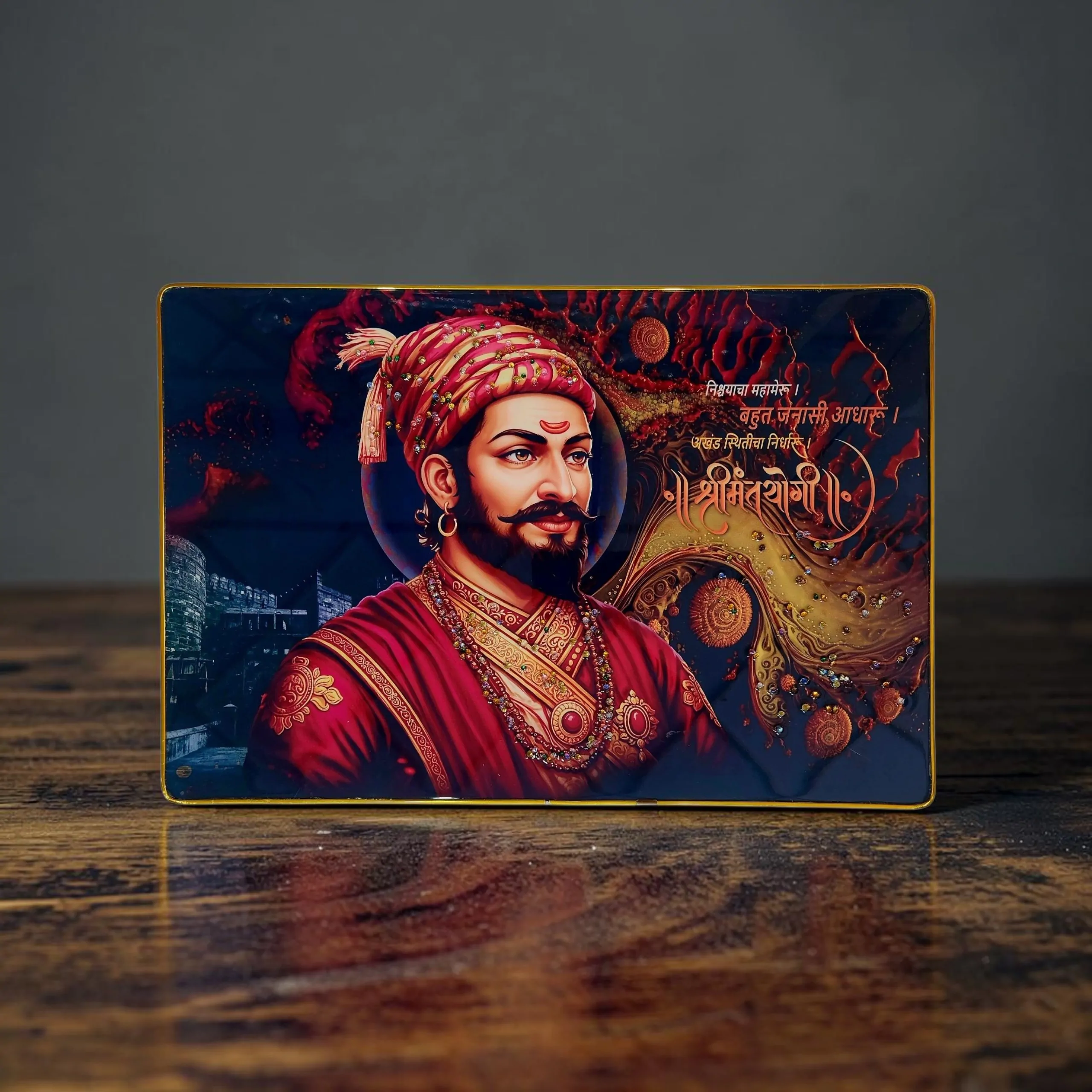 Chhatrapati Shivaji Maharaj Premium Crystal Wall Painting with Epoxy Gloss Finish & Gold Slim Frame | Embossed HD Wall Art for Living Room, Office & Home Décor | 18 x 12 Inch - Image 7