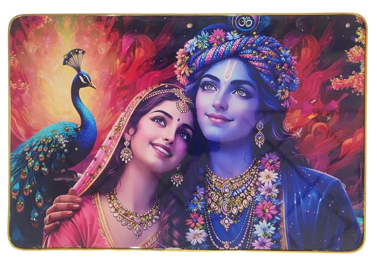 Epoxy Glossy Crystal Radha Krishna Painting with Gold Slim Frame | Divine Krishna & Radha Ji Romantic Spiritual Wall Art | Indian Traditional Décor for Home, Temple & Living Room | Ready to Hang | 18 x 12 Inches - Image 4