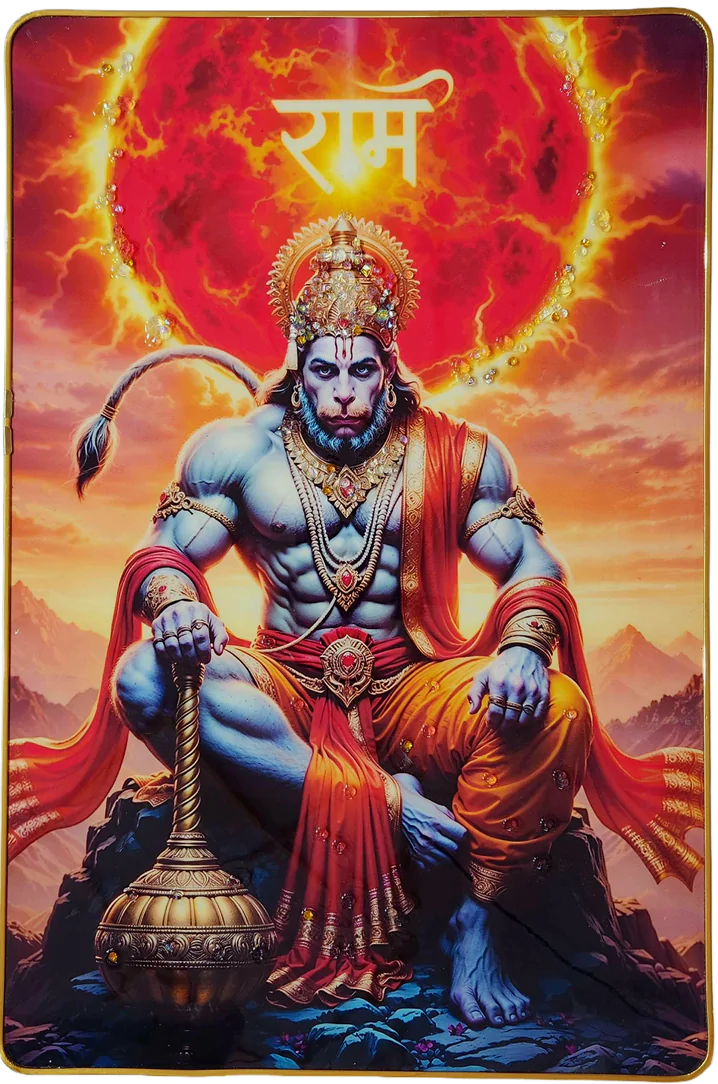Premium Epoxy Glossy Crystal Painting of Lord Hanuman with “Ram” Symbol | Powerful Hanuman Ji Wall Art with Gold Slim Frame | Spiritual Décor for Home, Temple & Office | Ready to Hang | 12 x 18 Inches - Image 6