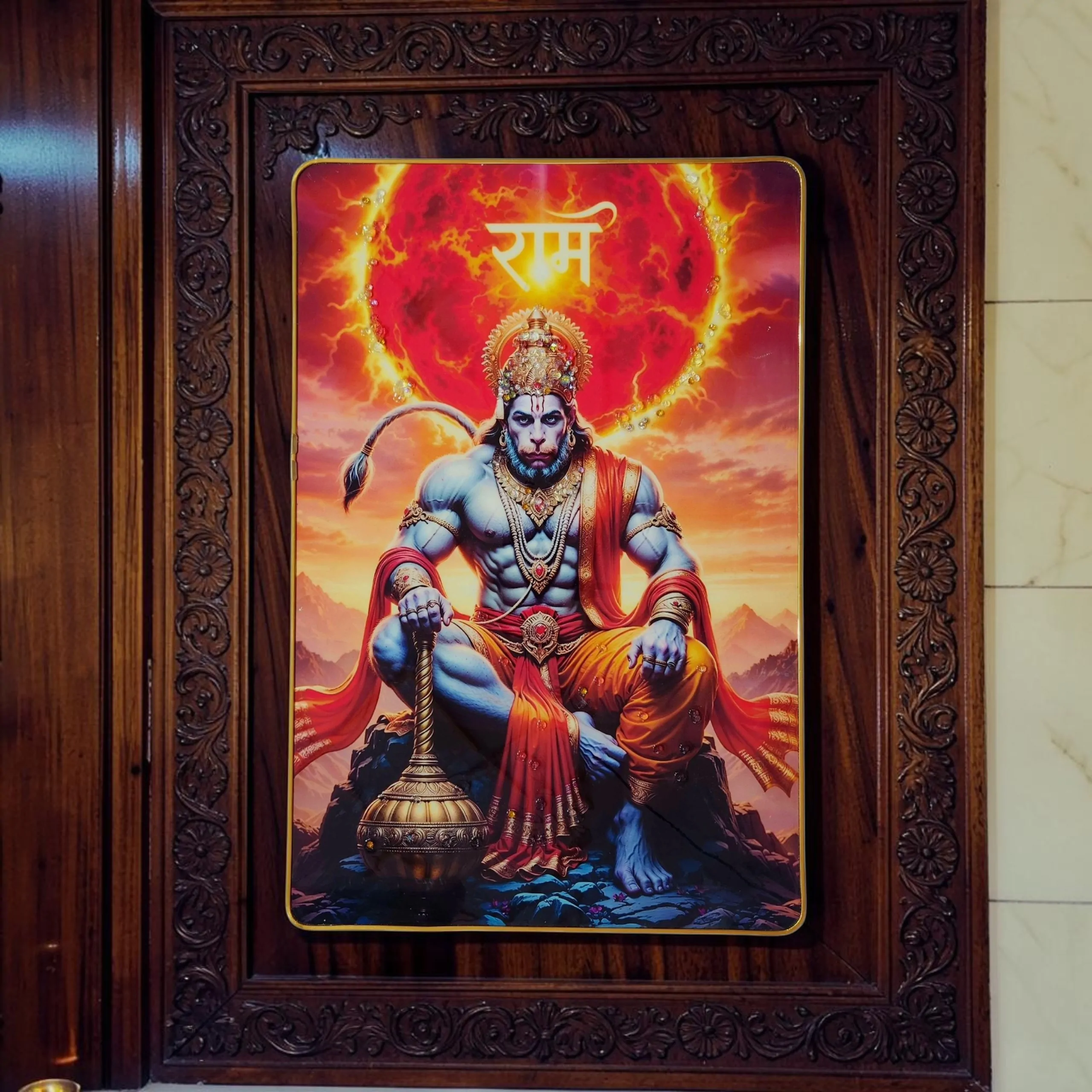 Premium Epoxy Glossy Crystal Painting of Lord Hanuman with “Ram” Symbol | Powerful Hanuman Ji Wall Art with Gold Slim Frame | Spiritual Décor for Home, Temple & Office | Ready to Hang | 12 x 18 Inches - Image 7