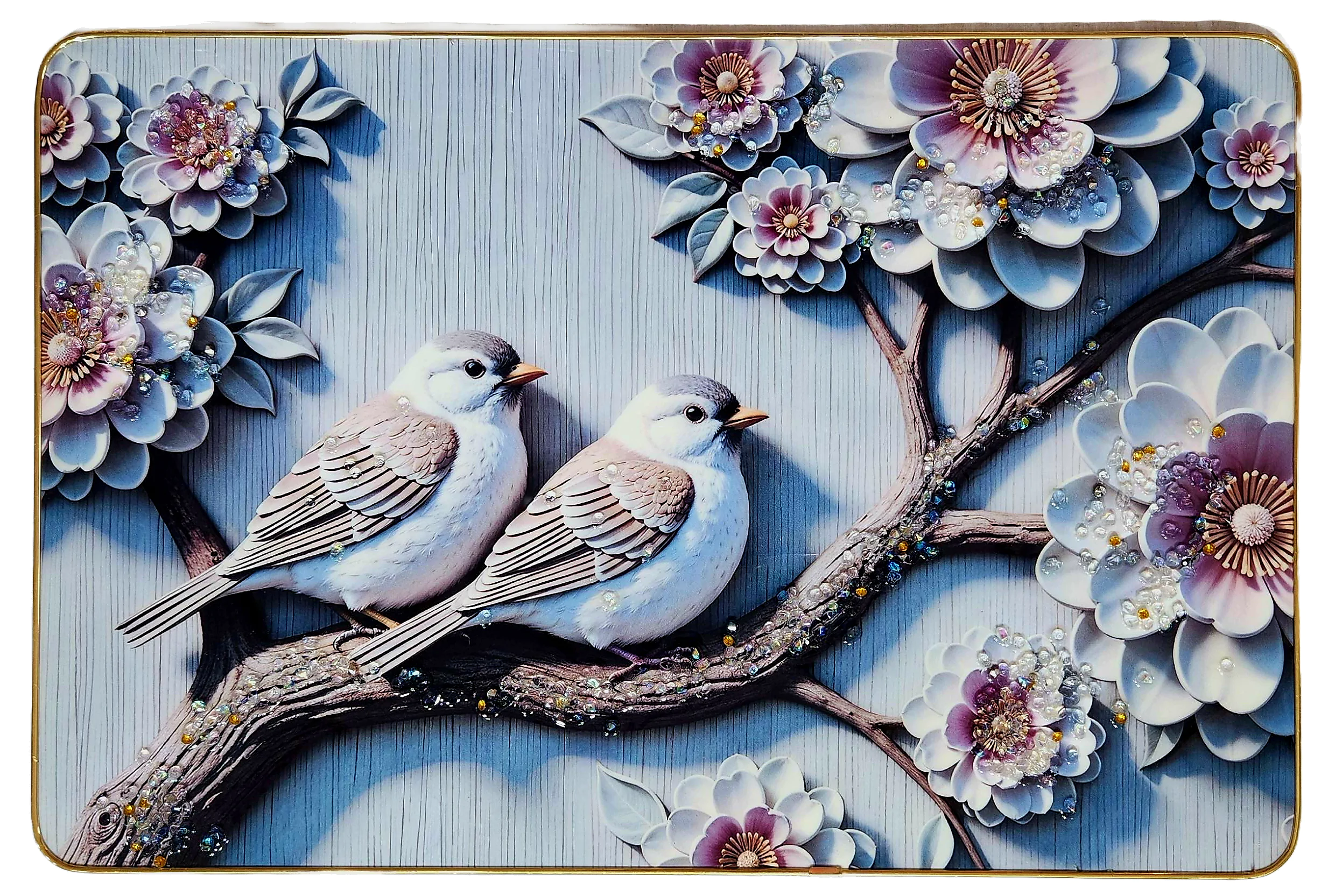 Premium Epoxy Glossy Crystal Painting of Romantic Birds & Blossoming Flowers | Modern Botanical Wall Art with Ornate Gold Frame | Home, Living Room & Office Decor | Ready to Hang | 18 x 12 Inches