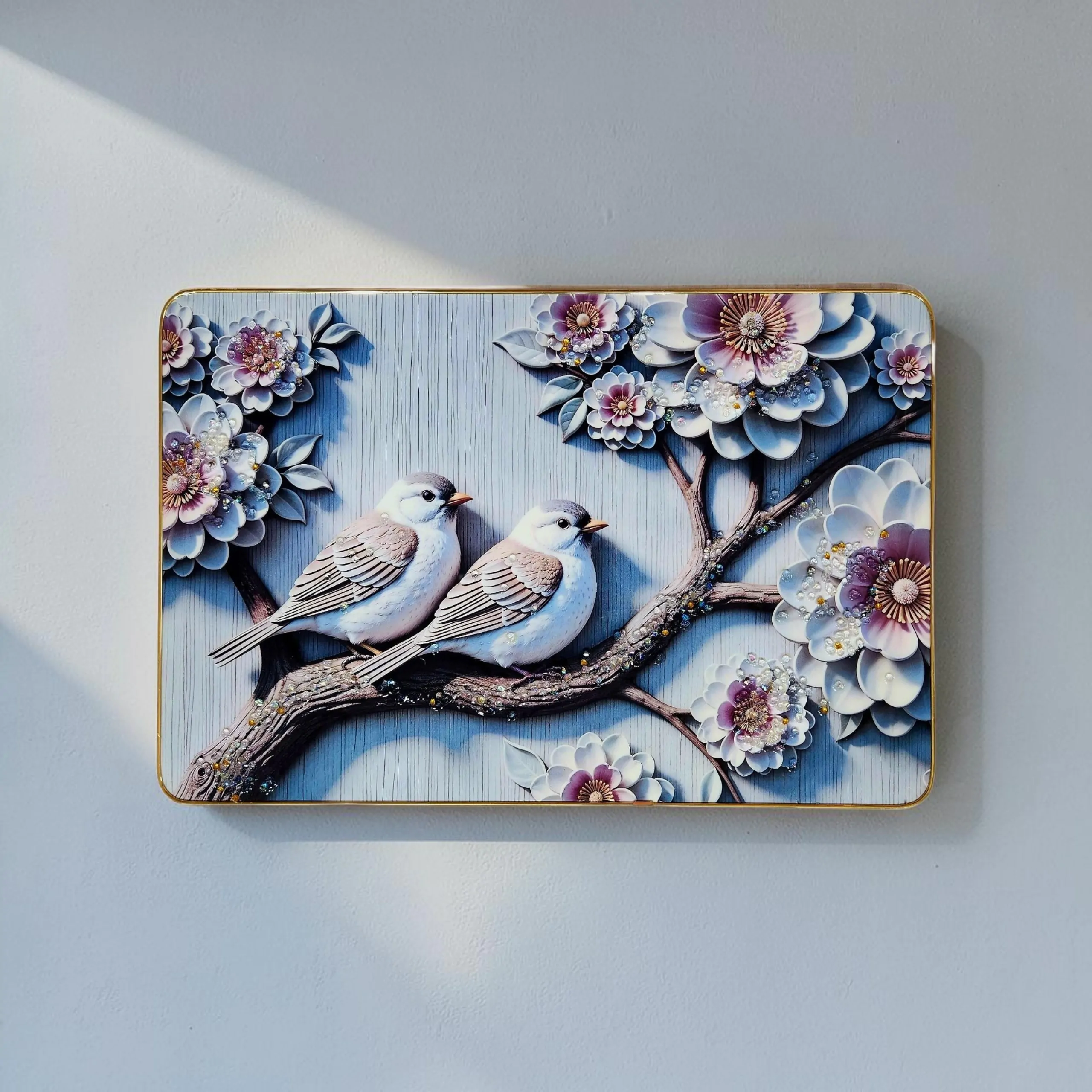 Premium Epoxy Glossy Crystal Painting of Romantic Birds & Blossoming Flowers | Modern Botanical Wall Art with Ornate Gold Frame | Home, Living Room & Office Decor | Ready to Hang | 18 x 12 Inches - Image 5