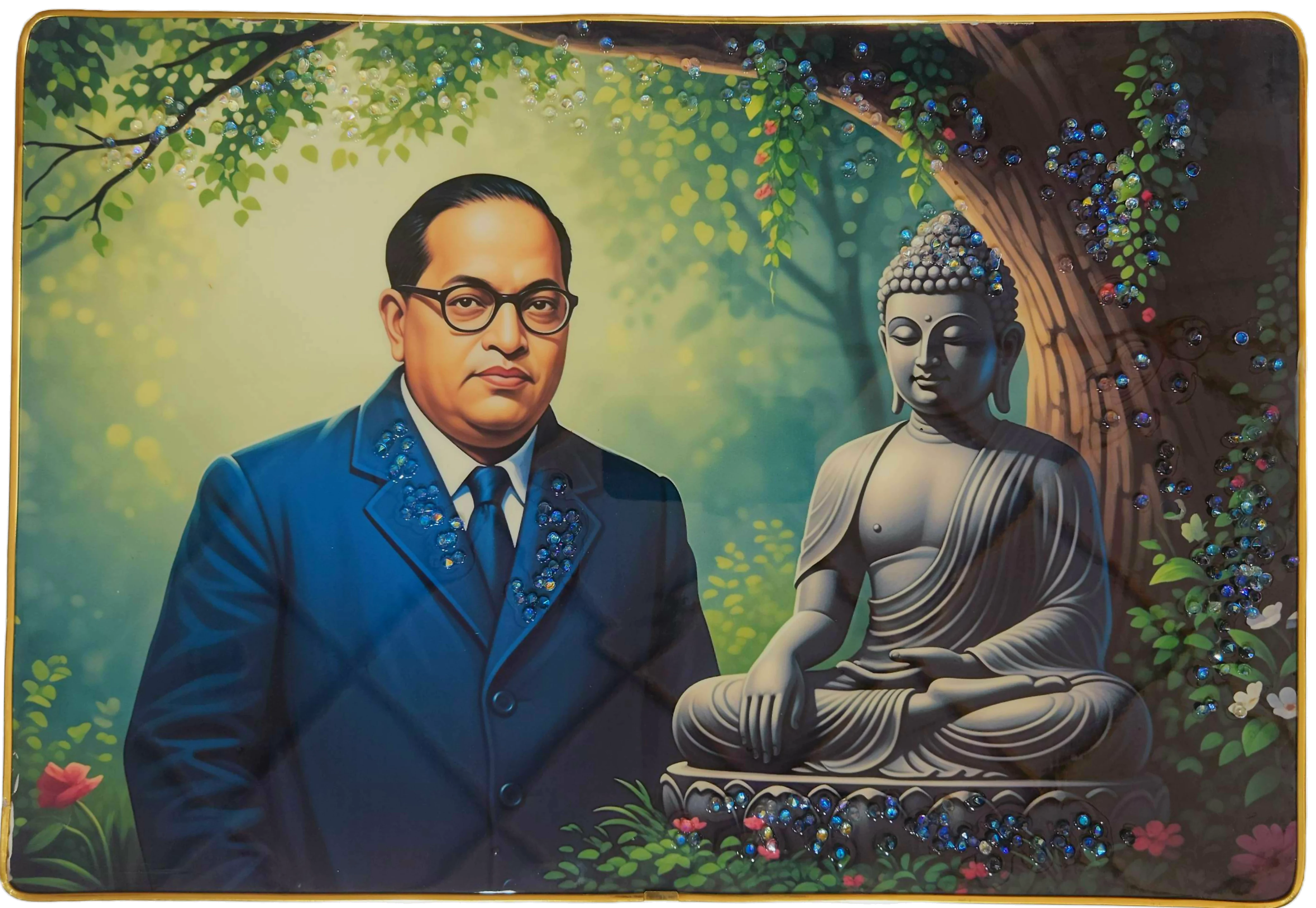 Premium Epoxy Glossy Crystal Dr. B. R. Ambedkar & Gautama Buddha Painting with Gold Slim Frame | Inspirational Wall Art for Home, Office & Study | Ready to Hang | 18 x 12 Inches