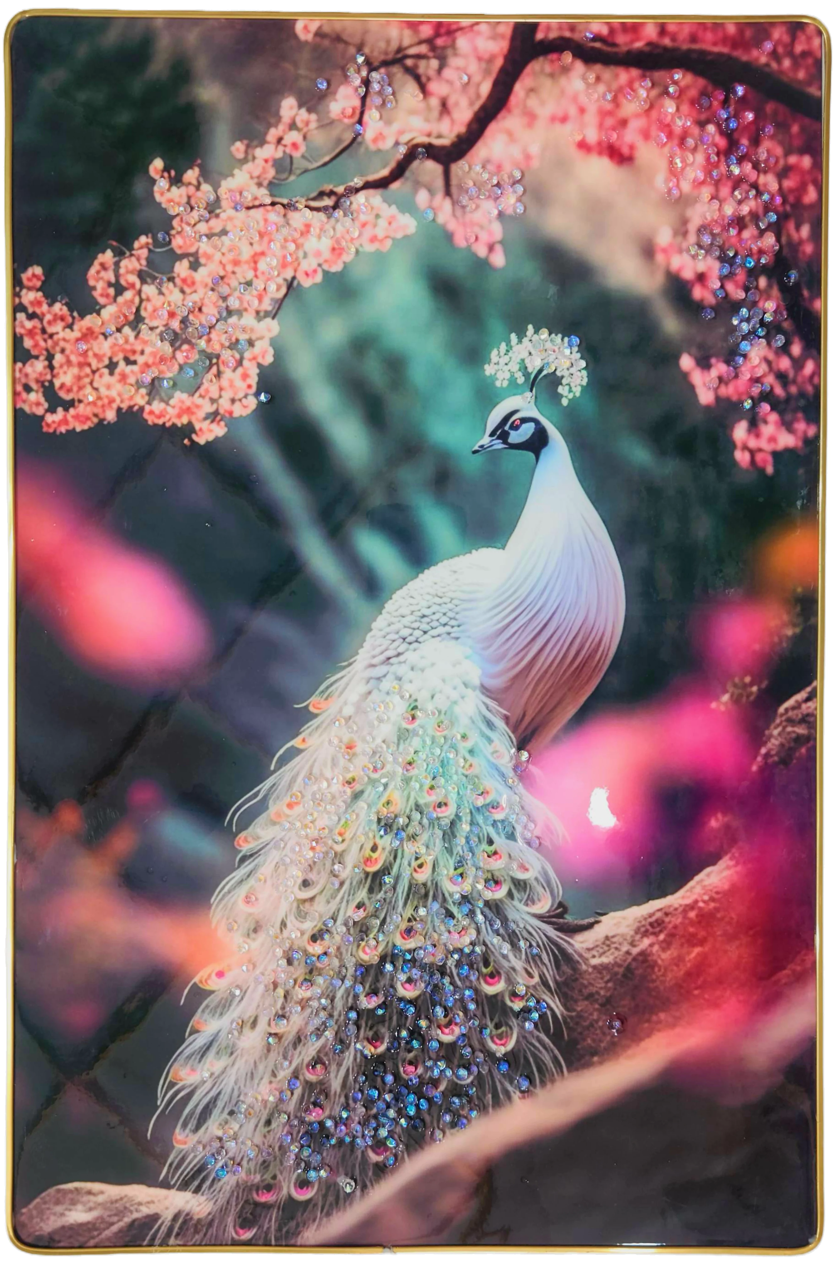 Premium Crystal Peacock Epoxy Painting | Elegant Botanical Wall Art with Golden Frame | Home, Living Room & Office Decor | Ready to Hang | 12 x 18 Inches