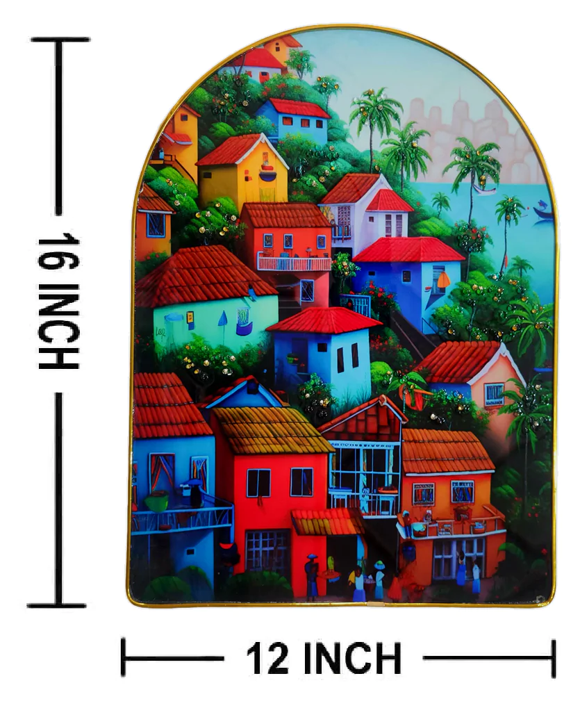 Epoxy Glossy Crystal Coastal Village Painting with Gold Arch Frame | Colorful Tropical Houses & Seaside Landscape Wall Art for Home, Office & Living Room | Ready to Hang | 12 x 16 Inches - Image 8