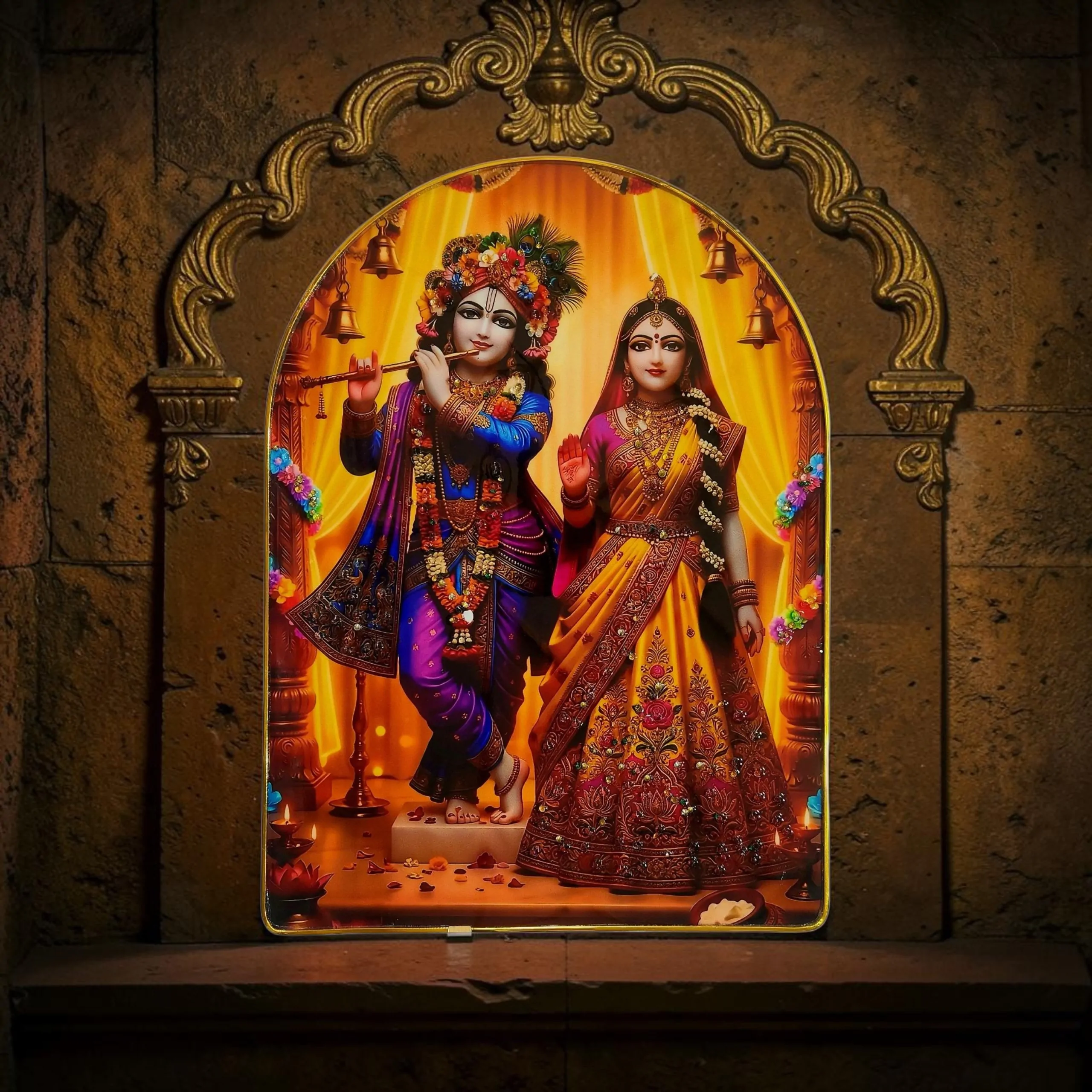 Premium Krishna Radha Epoxy Glossy Crystal Painting | Traditional Indian Divine Wall Art with Gold Frame | Embossed HD Wall Art for Living Room, Bedroom & Home Decor | 12 x 16 Inch (Top Curve) - Image 4