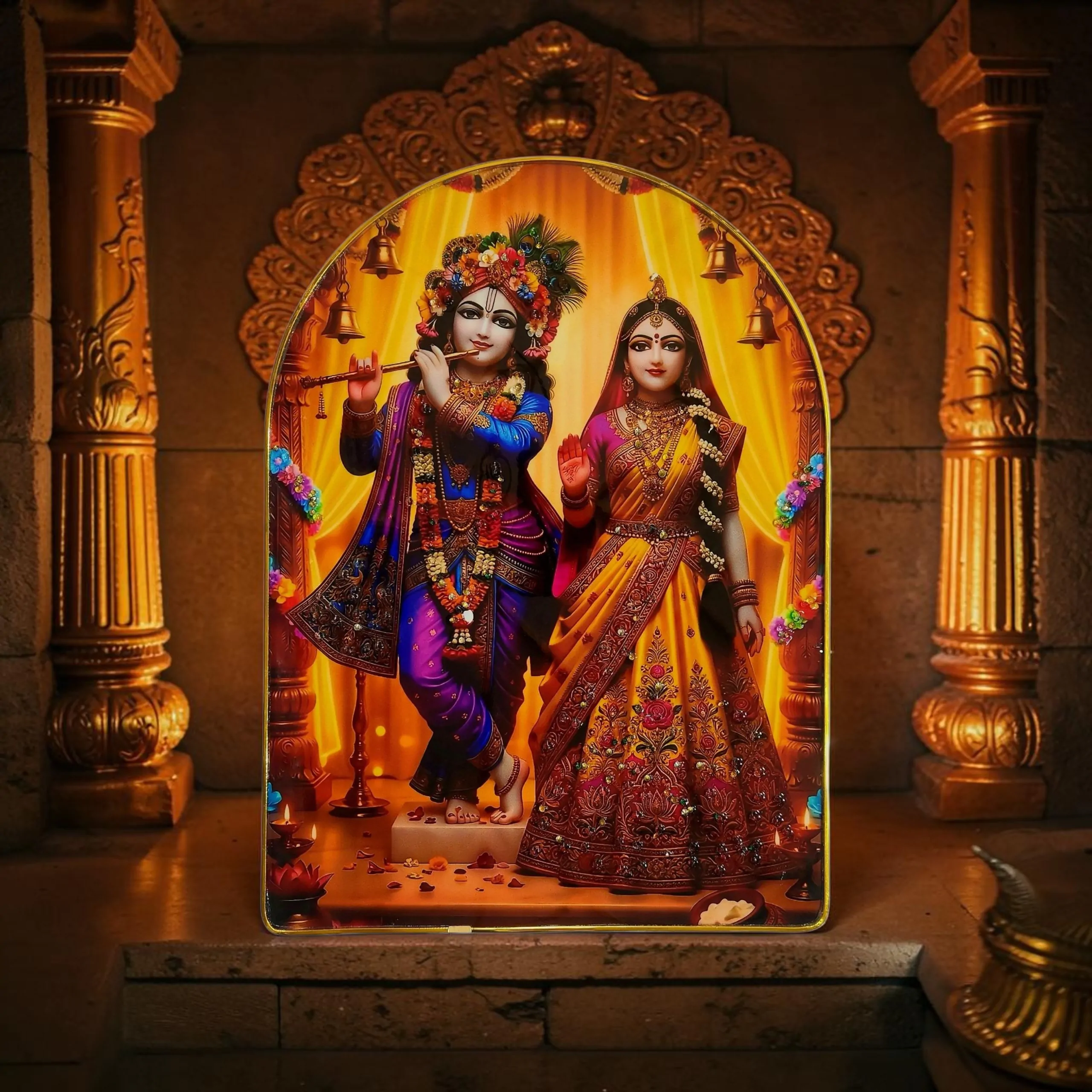 Premium Krishna Radha Epoxy Glossy Crystal Painting | Traditional Indian Divine Wall Art with Gold Frame | Embossed HD Wall Art for Living Room, Bedroom & Home Decor | 12 x 16 Inch (Top Curve) - Image 7