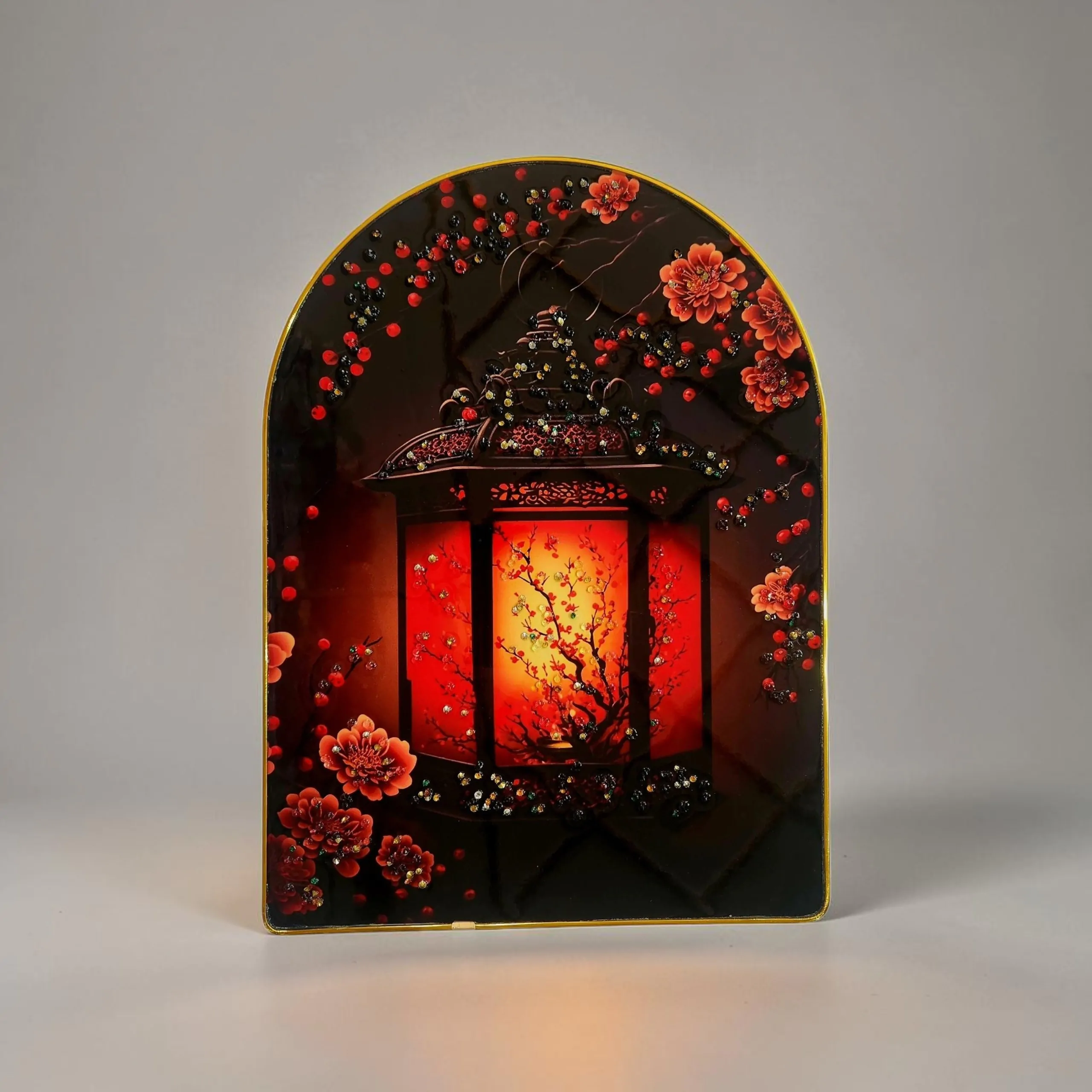 Epoxy Glossy Crystal Japanese Lantern Painting with Gold Arch Frame | Red Floral Blossom & Oriental Lantern Wall Art for Home, Office & Living Room | Luxury Asian-Inspired Decor | Ready to Hang |  12 x 16 Inches (Top Curved) - Image 3