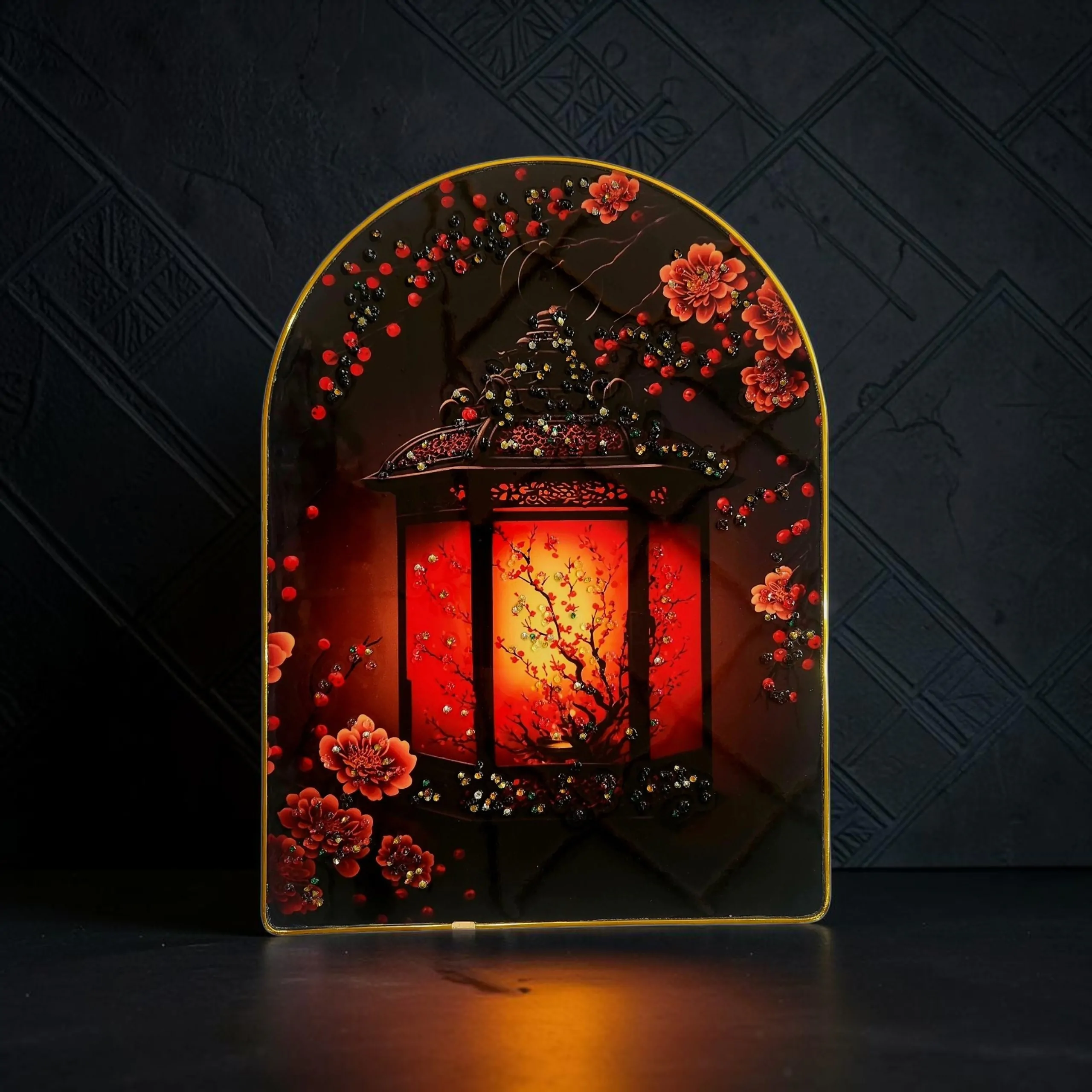 Epoxy Glossy Crystal Japanese Lantern Painting with Gold Arch Frame | Red Floral Blossom & Oriental Lantern Wall Art for Home, Office & Living Room | Luxury Asian-Inspired Decor | Ready to Hang |  12 x 16 Inches (Top Curved) - Image 4