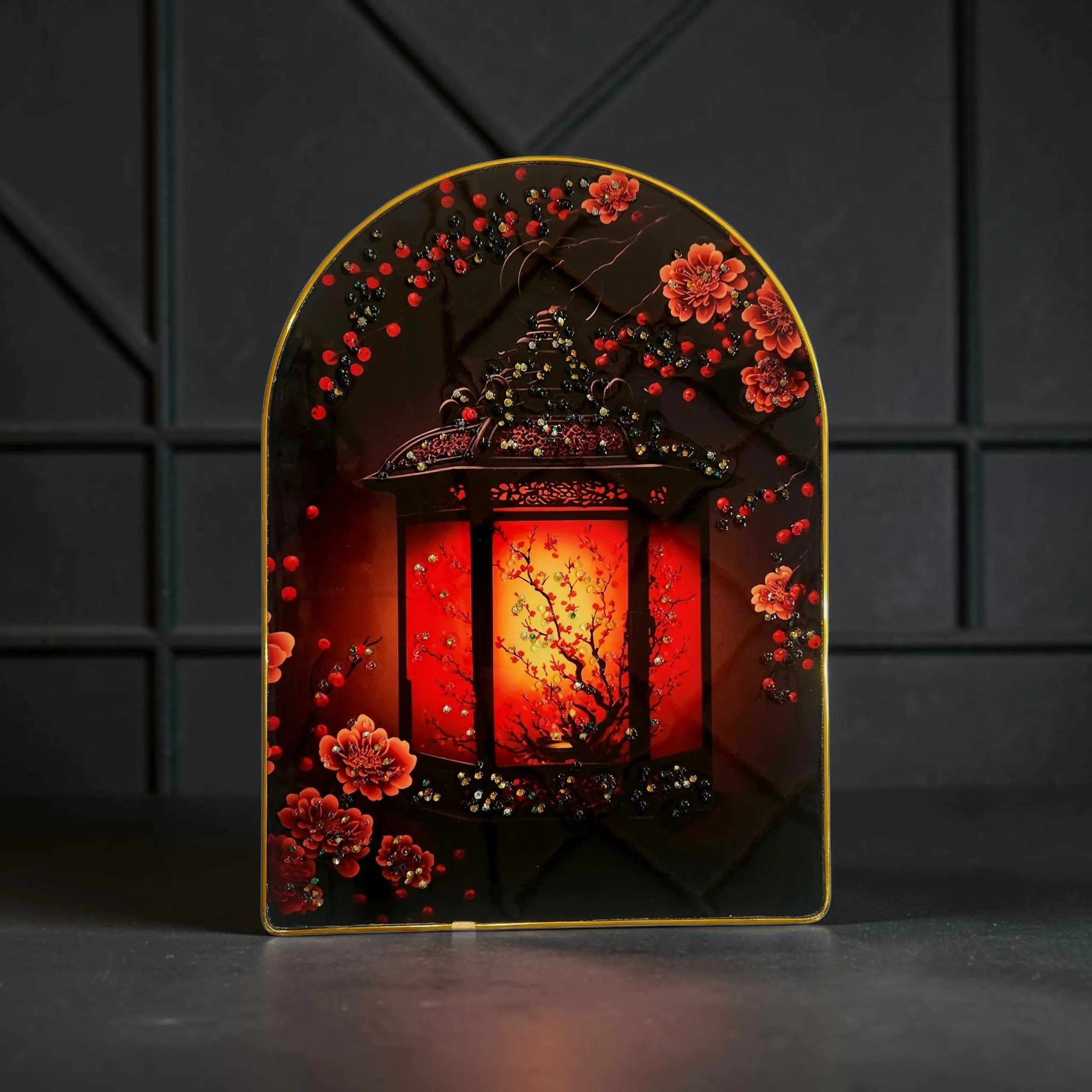 Epoxy Glossy Crystal Japanese Lantern Painting with Gold Arch Frame | Red Floral Blossom & Oriental Lantern Wall Art for Home, Office & Living Room | Luxury Asian-Inspired Decor | Ready to Hang |  12 x 16 Inches (Top Curved) - Image 7