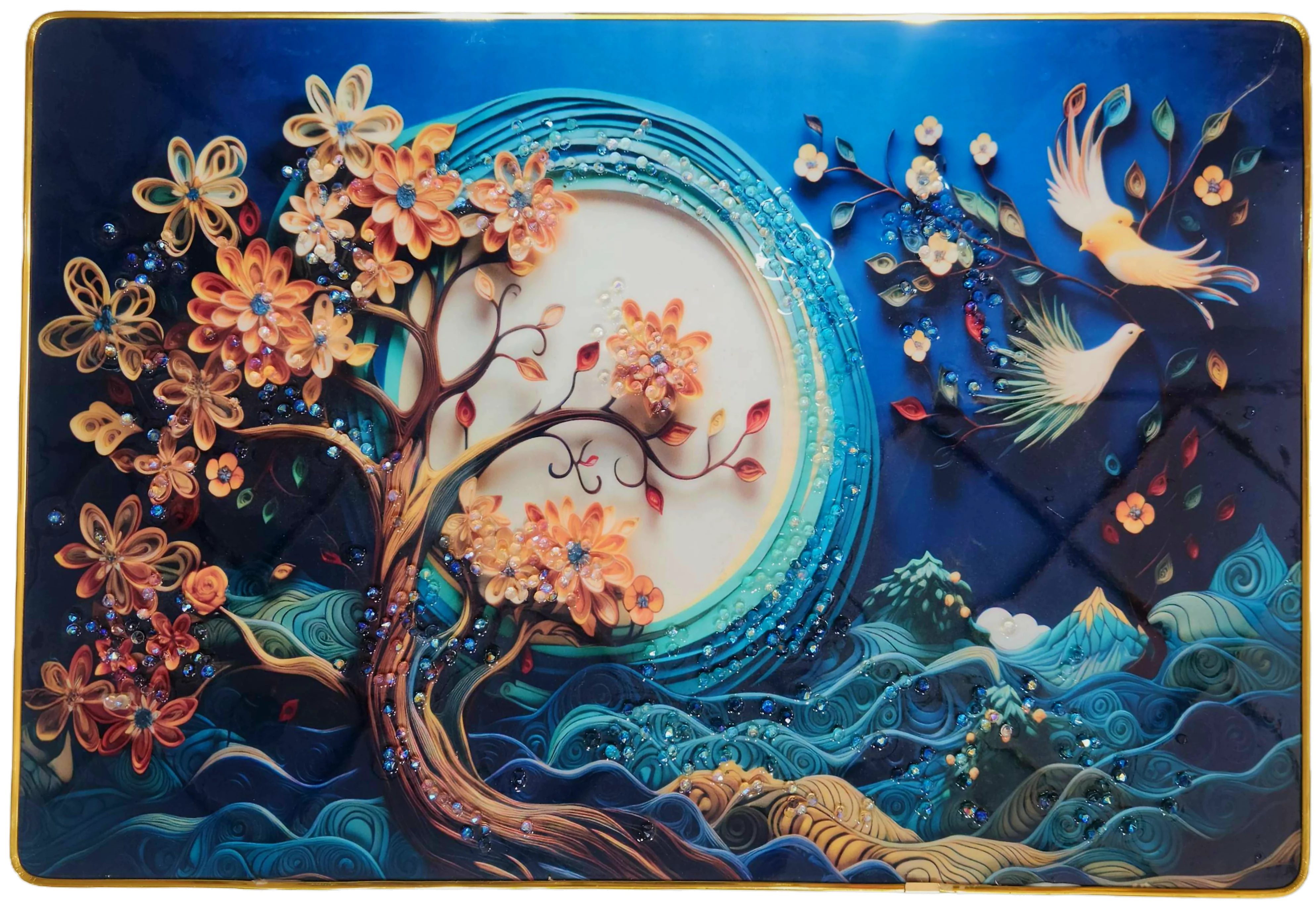 Epoxy Glossy Crystal Tree of Life Moon Painting with Gold Slim Frame | Floral Tree, Birds & Ocean Waves Nature Wall Art | Blue Aesthetic Decor for Home, Office & Living Room | Ready to Hang | 18 x 12 Inches