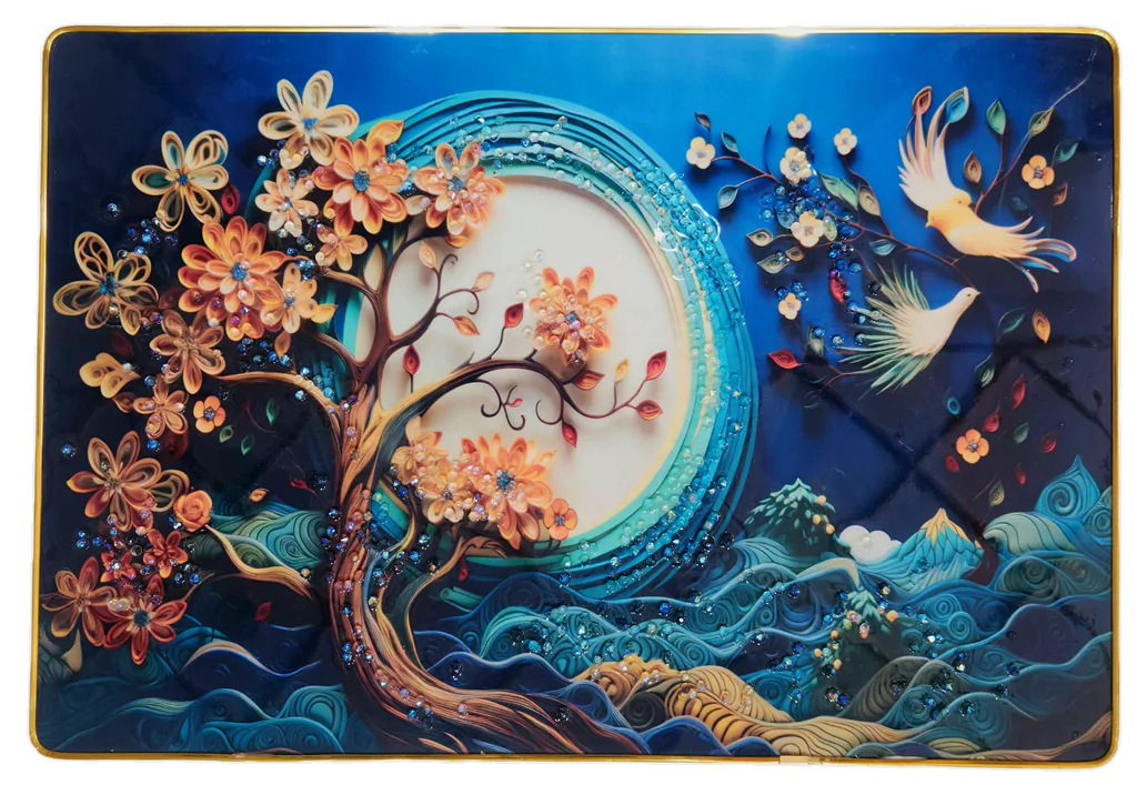 Epoxy Glossy Crystal Tree of Life Moon Painting with Gold Slim Frame | Floral Tree, Birds & Ocean Waves Nature Wall Art | Blue Aesthetic Decor for Home, Office & Living Room | Ready to Hang | 18 x 12 Inches - Image 7