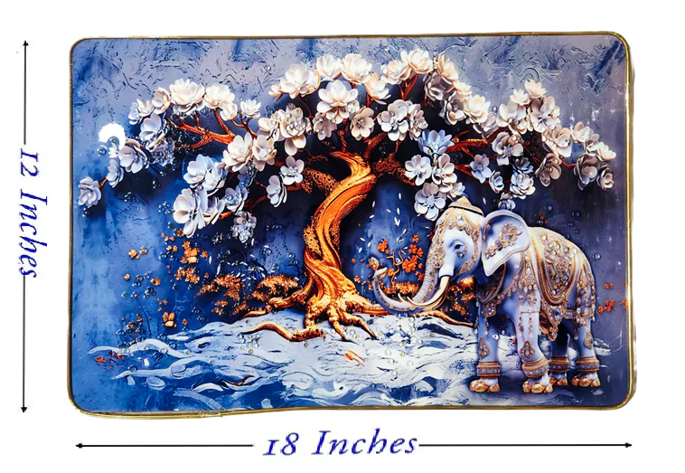 Epoxy Glossy Crystal Elephant & Tree Painting with Gold Slim Frame | Royal White Elephants & Blossom Tree Nature Wall Art | Luxury Decorative Artwork for Home, Office & Living Room | Ready to Hang | 18 x 12 Inches - Image 6