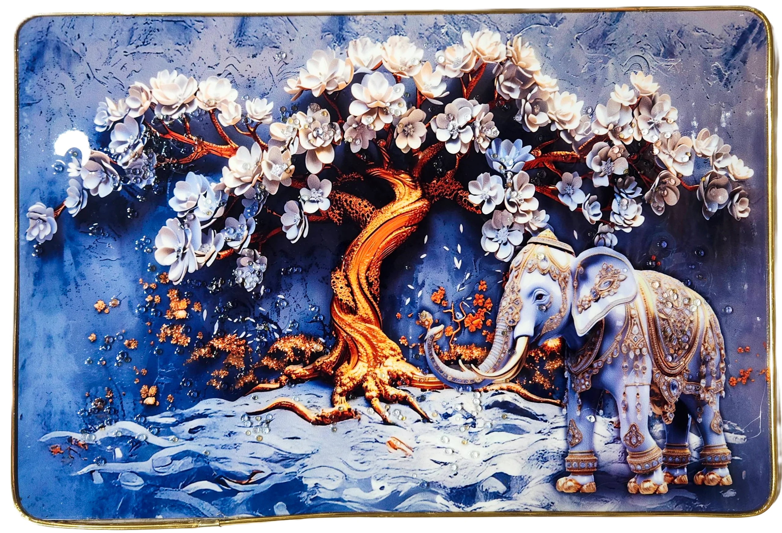 Epoxy Glossy Crystal Elephant & Tree Painting with Gold Slim Frame | Royal White Elephants & Blossom Tree Nature Wall Art | Luxury Decorative Artwork for Home, Office & Living Room | Ready to Hang | 18 x 12 Inches