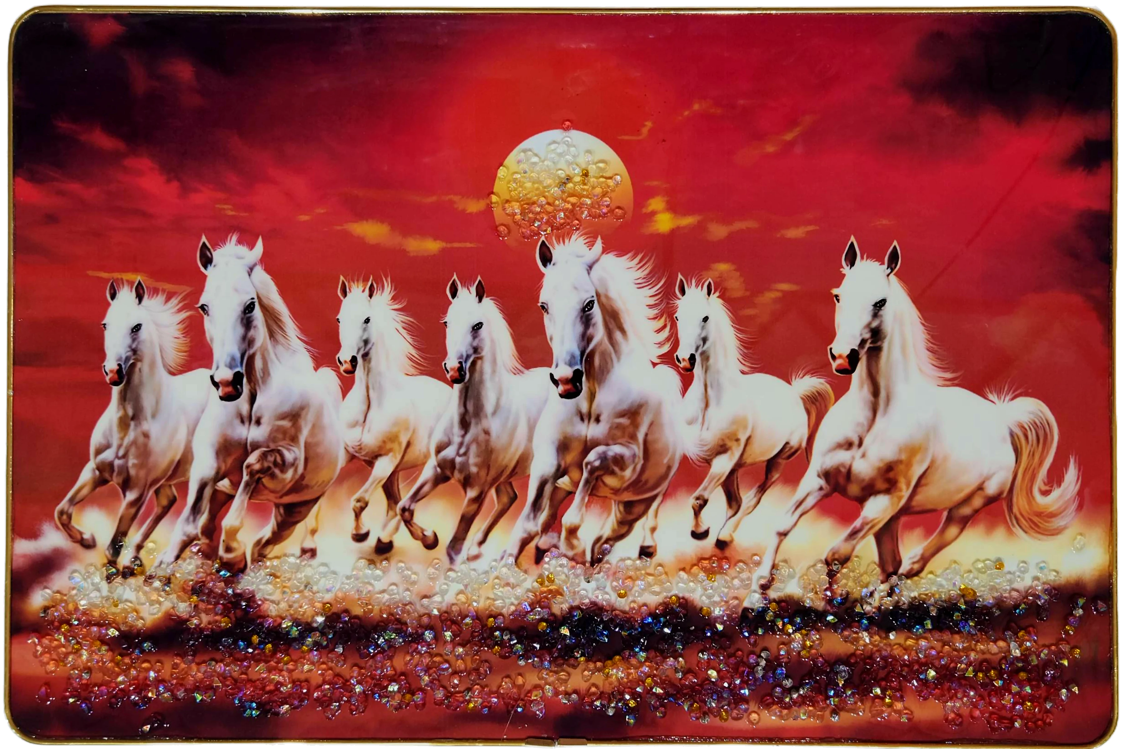 Premium Epoxy Glossy Crystal Seven White Horses Painting with Gold Slim Frame | Running Horse Wall Art for Home, Office & Living Room | Ready to Hang| 18 x 12 Inches
