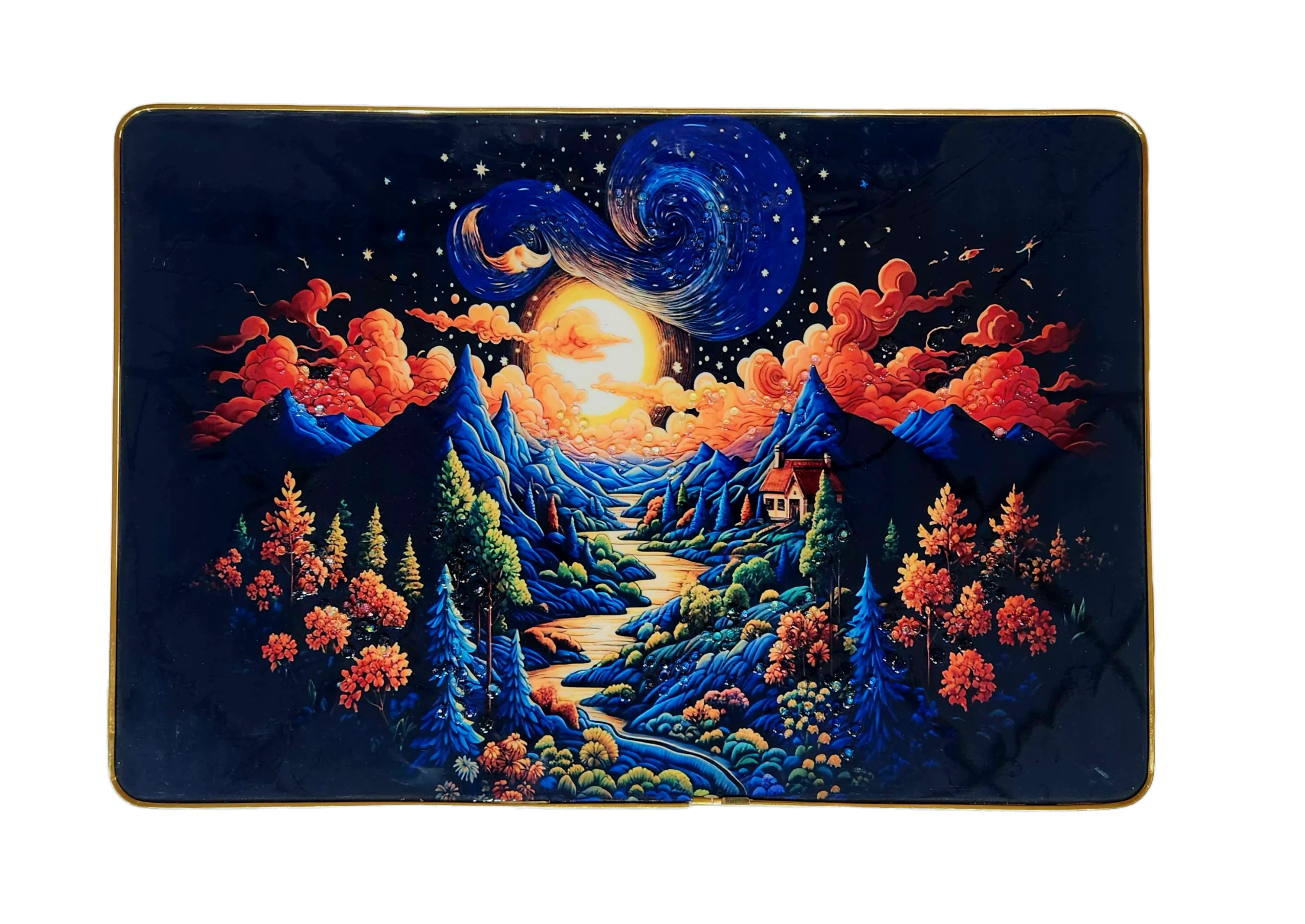 Moonlit Mountain Valley Landscape Wall Art | Mystic Moon & River Scenery Painting | Premium Crystal Embellished Decorative Wall Art for Home & Office | 18 x 12 Inches