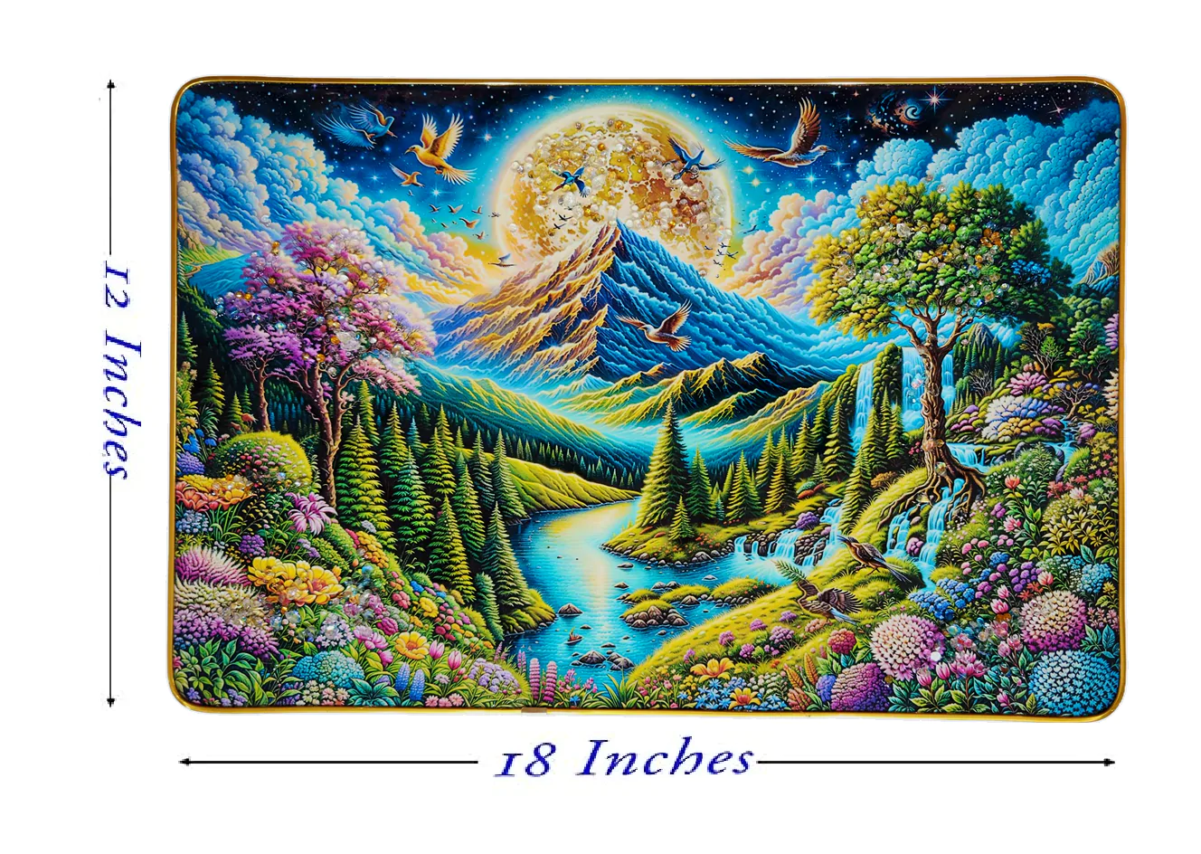 Moonlit Mountain Valley Landscape Wall Art | Mystic Moon & River Scenery Painting | Premium Crystal Embellished Decorative Wall Art for Home & Office | 18 x 12 Inches - Image 11